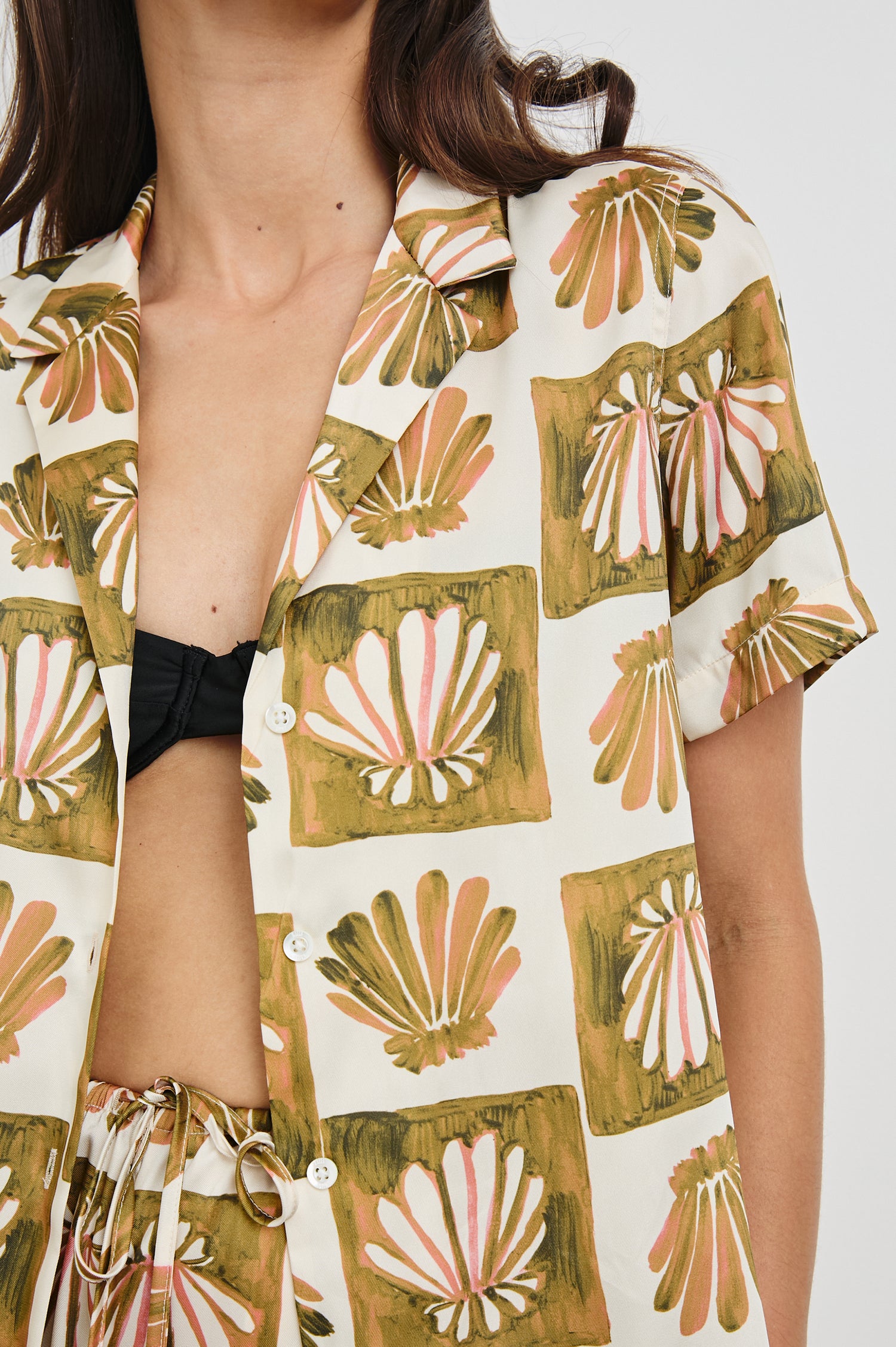 Theis Oversized Collared Button Front Shirt with Short Sleeves in Checkered Shells Colorway. Front Detailed View Shown on Model.