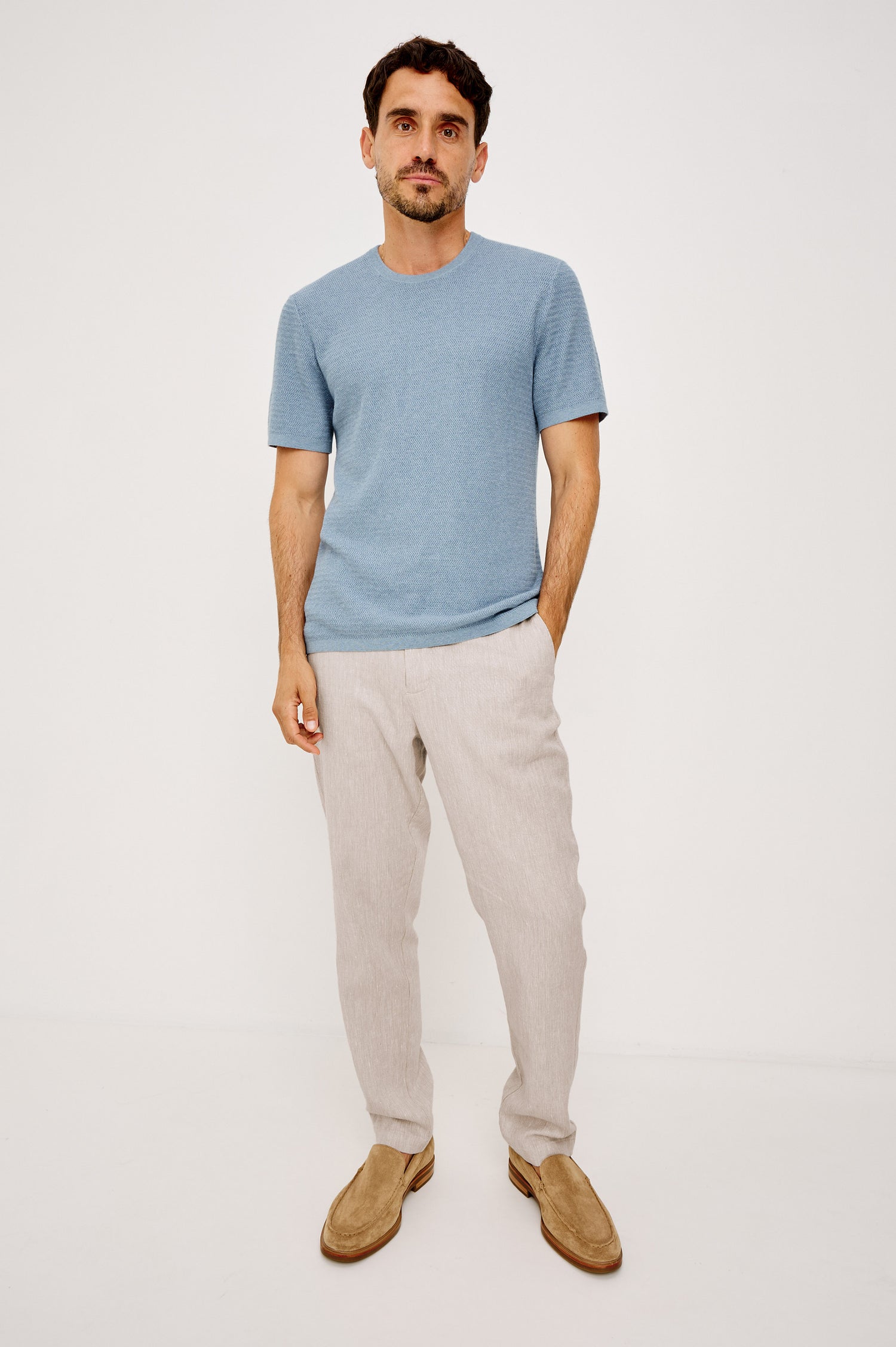 Theo T-Shirt in Ribbed Cotton-Cashmere With Crew Neckline, Short Sleeves, and Classic Fit in Blue Sky Heather Colorway - Full Body Front View Featured on Model