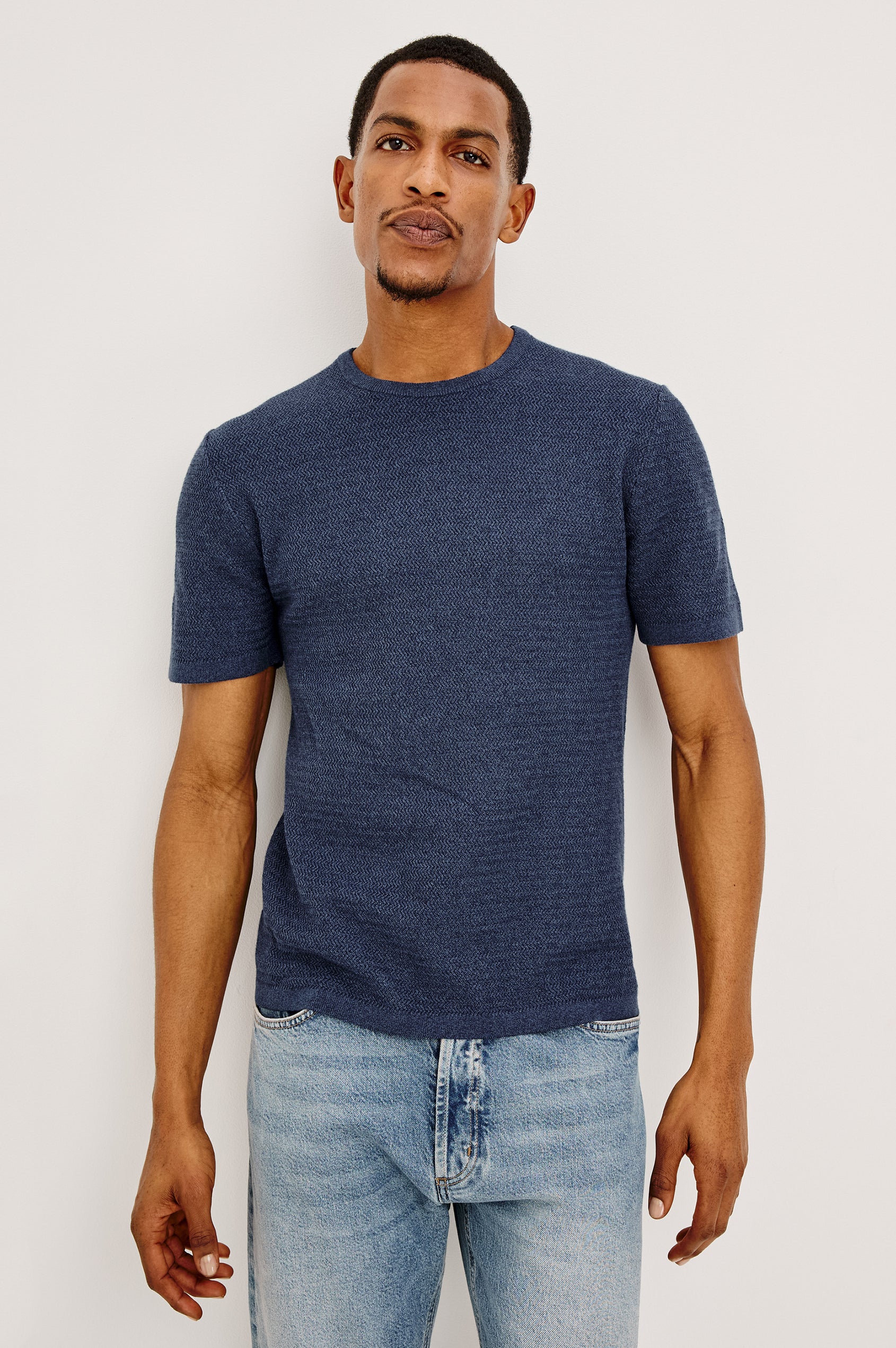 Theo Shirt in Cotton Blend Knit With Short Sleeves in Harbour Colorway - Upper Body Front View Featured on Model