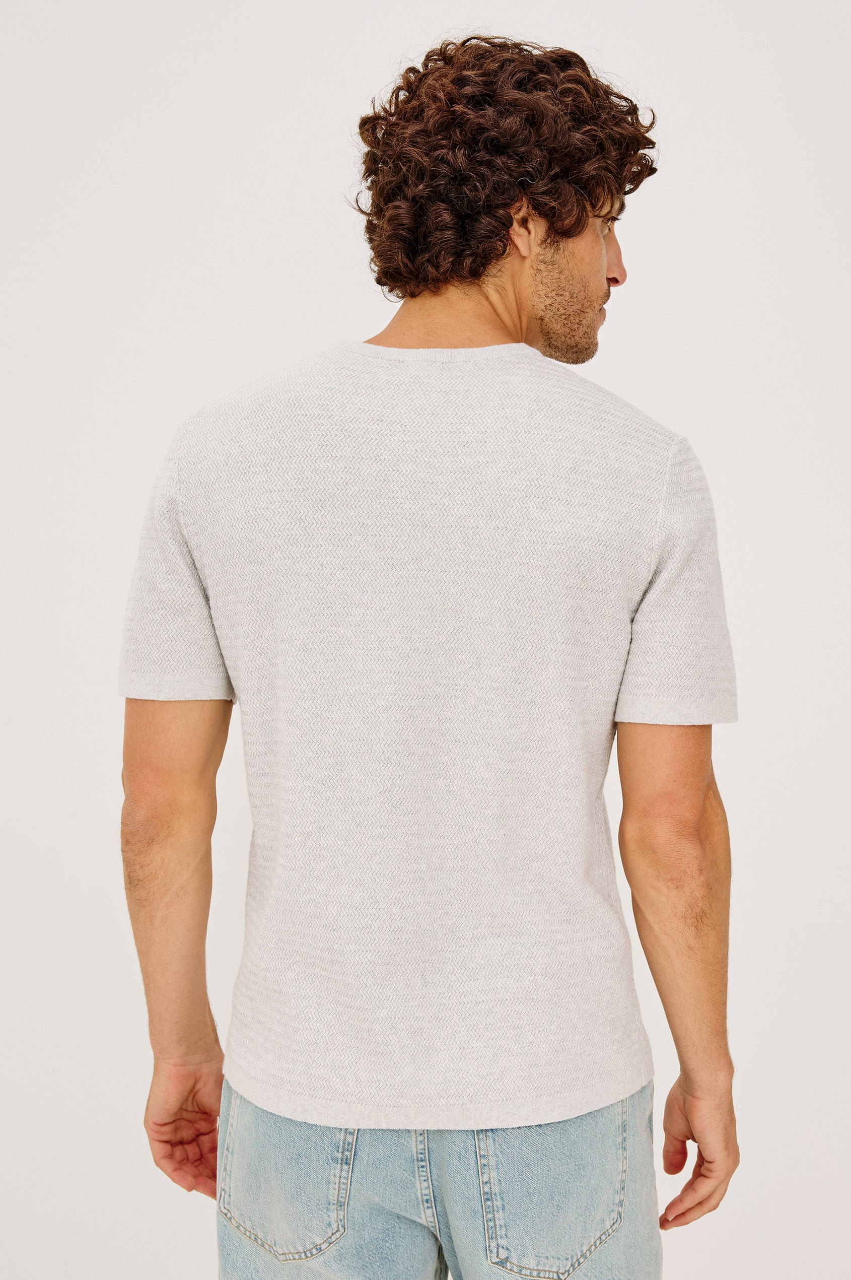 Theo Sweater in Cotton-Cashmere Blend With Short Sleeves, Crew Neckline, and Classic Fit in Heather Grey Colorway - Upper Body Back View Featured on Modela