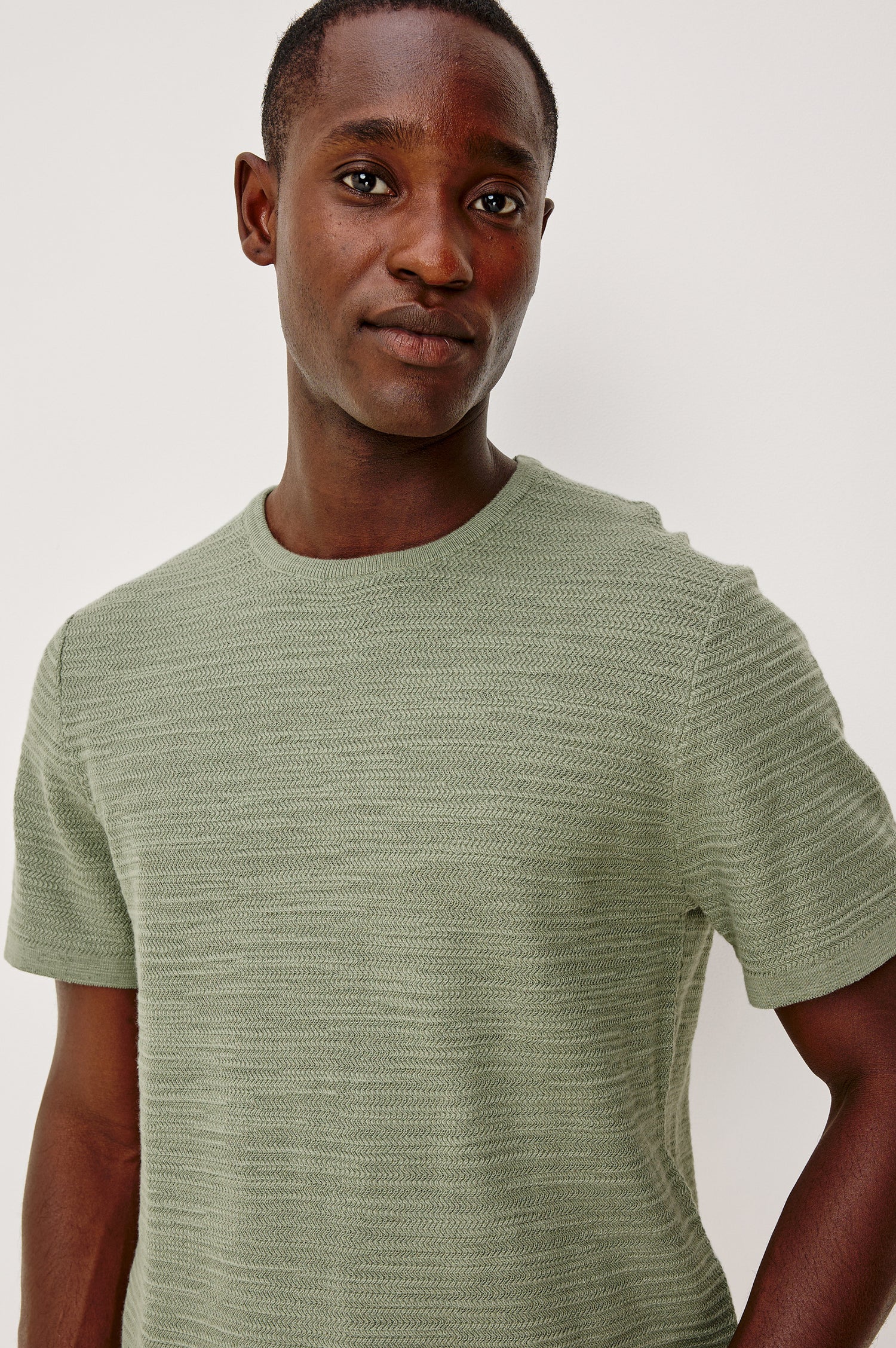 Theo T-Shirt in Ribbed Cotton-Cashmere With Crew Neckline, Short Sleeves, and Classic Fit in Silver Sage Colorway - Upper Body Front View Featured on Model