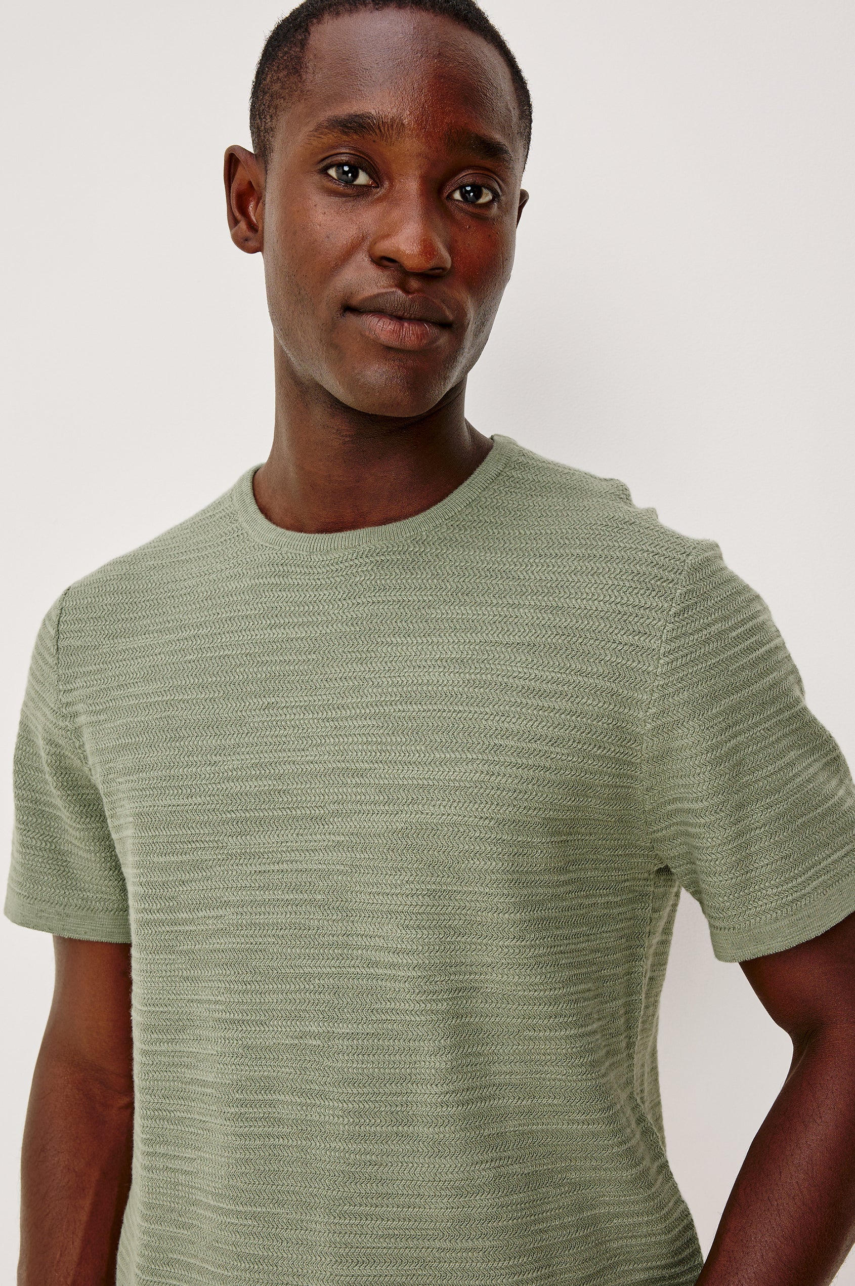 Theo T-Shirt in Ribbed Cotton-Cashmere With Crew Neckline, Short Sleeves, and Classic Fit in Silver Sage Colorway - Upper Body Front View Featured on Model