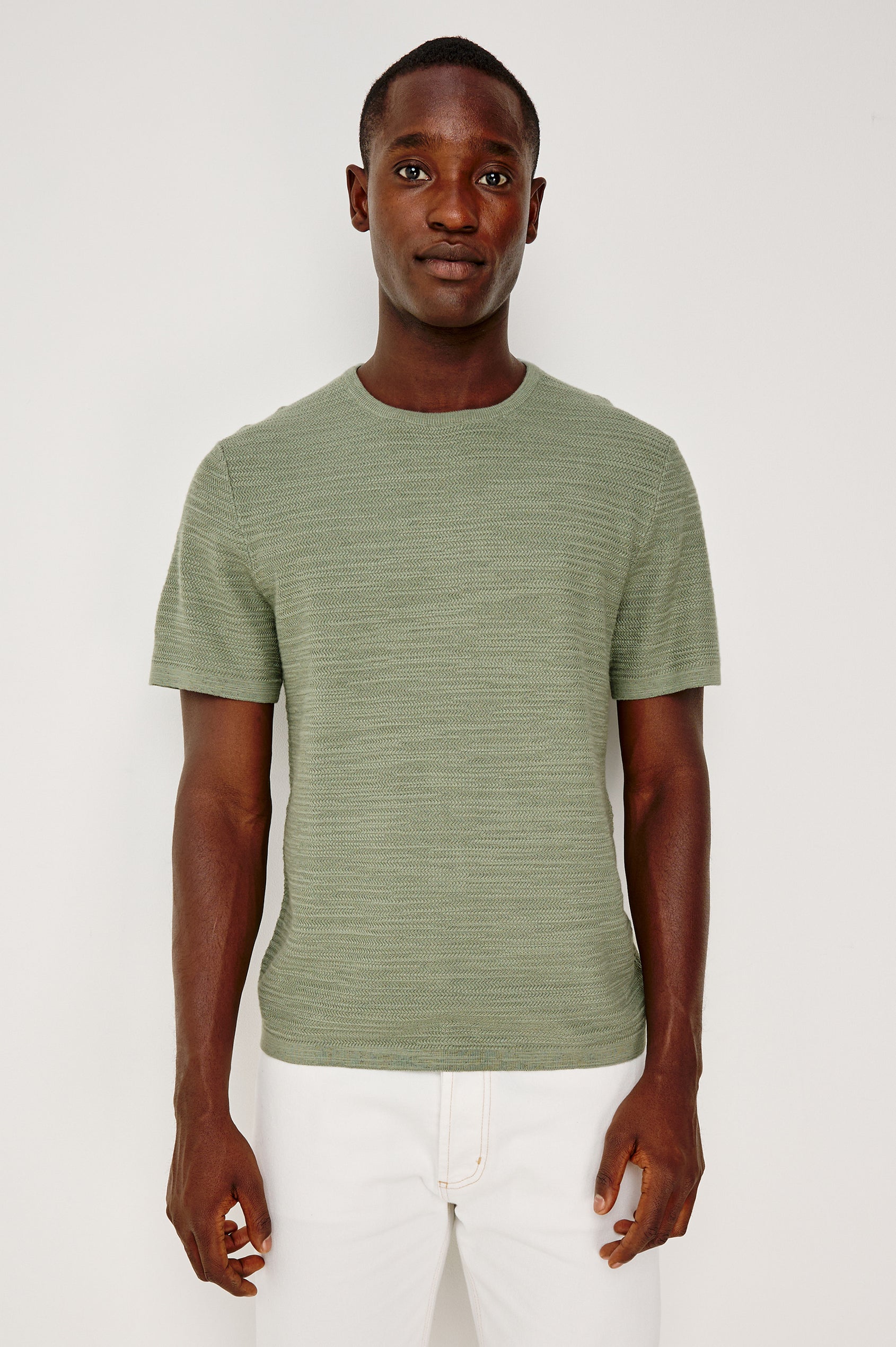 Theo T-Shirt in Ribbed Cotton-Cashmere With Crew Neckline, Short Sleeves, and Classic Fit in Silver Sage Colorway - Upper Body Front View Featured on Model