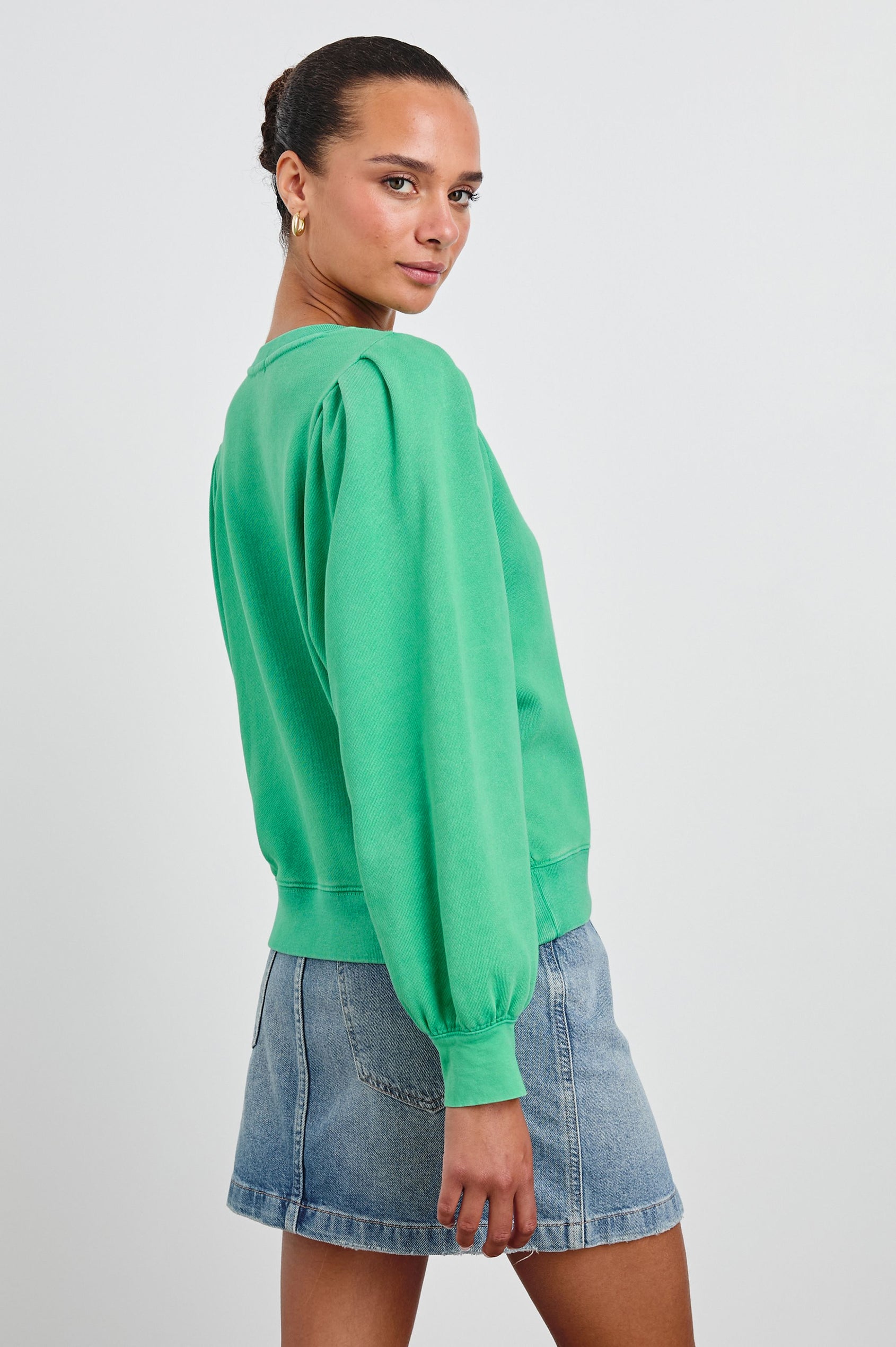 Tiffany Long-Sleeve Sweatshirt with a Crew Neck and Deep Pleated Sleeves in Kelly Green Colorway - Back View Featured on Model