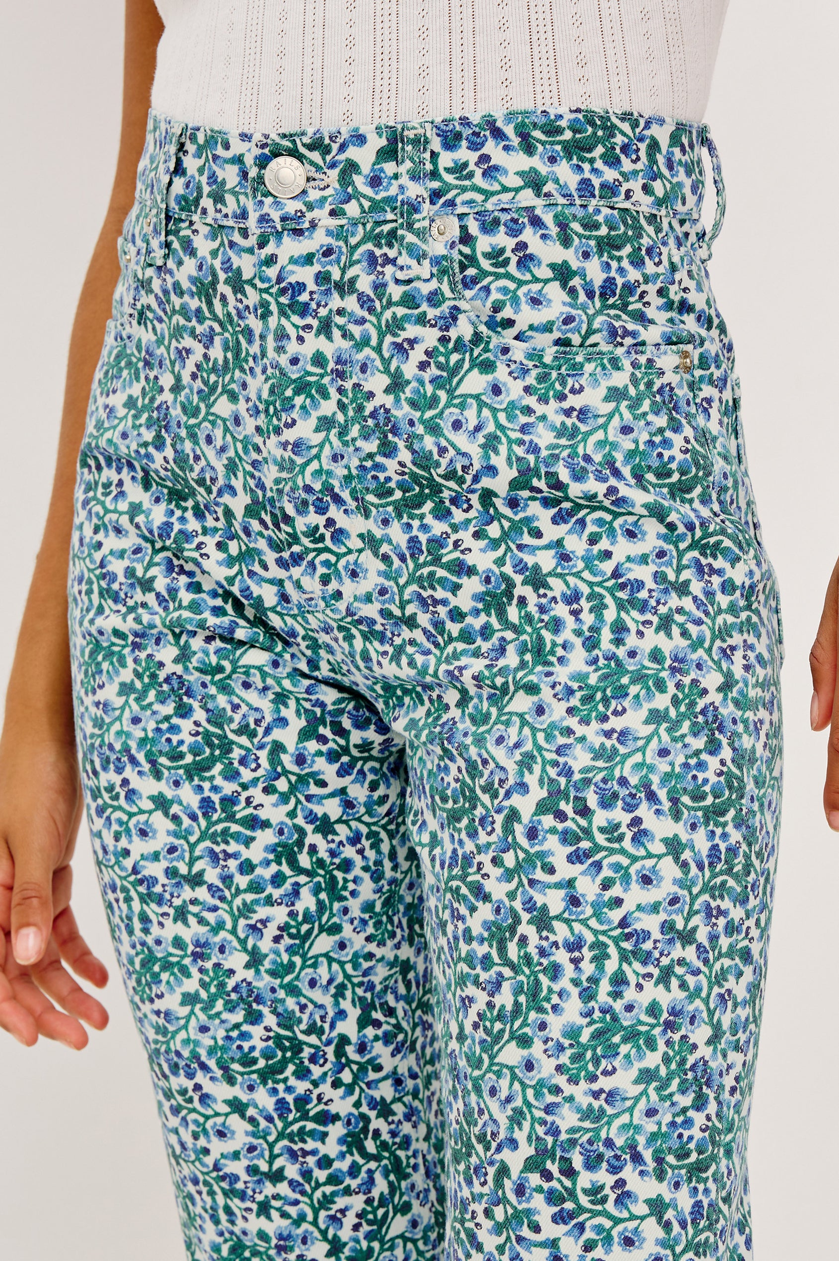Topanga Straight Jean in Comfort Stretch Denim With High-Rise, 5-Pockets, and Front Zip Fly in Blue Vine Colorway - Lower Body Front View Featured on Model