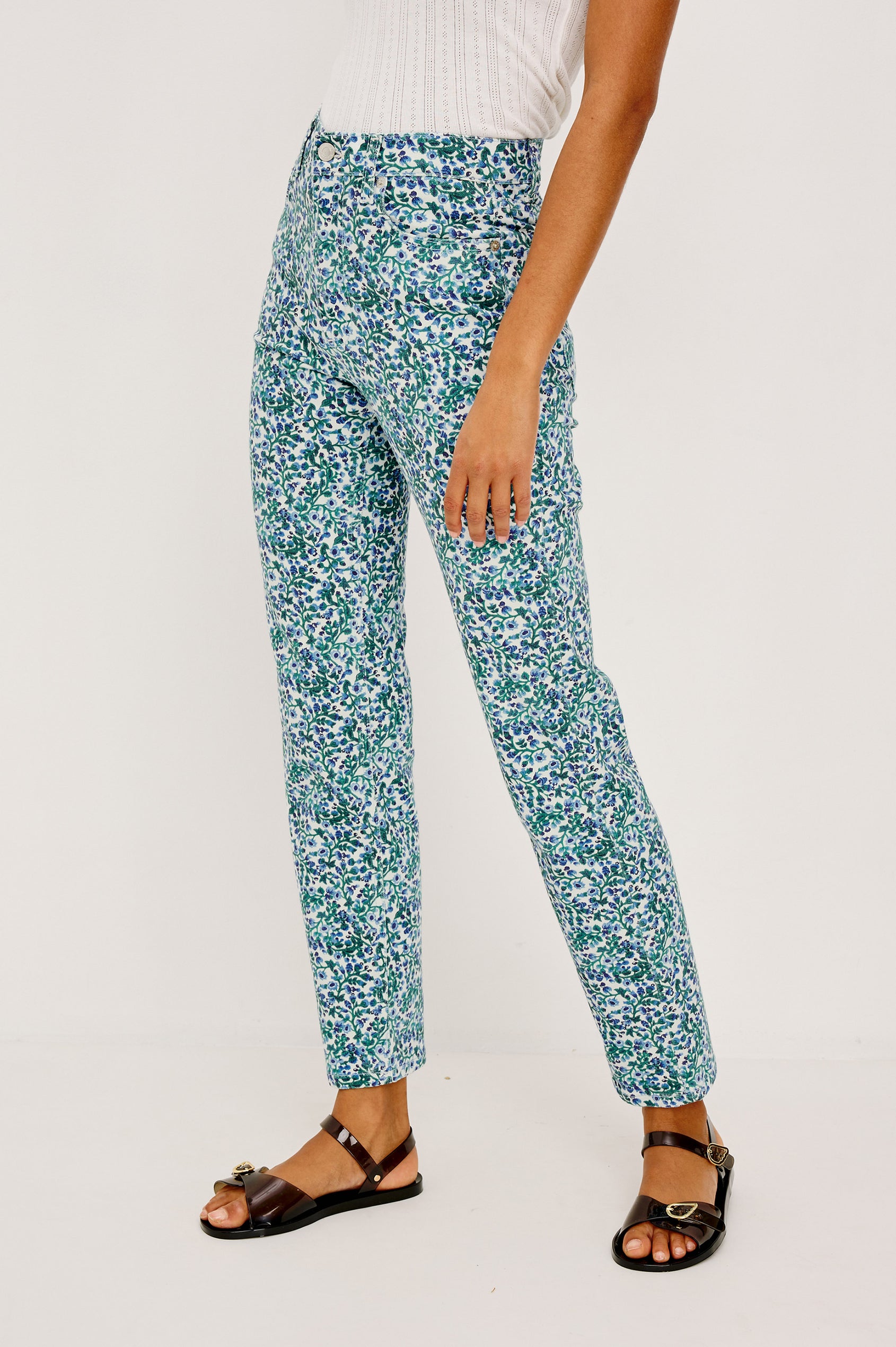 Topanga Straight Jean in Comfort Stretch Denim With High-Rise, 5-Pockets, and Front Zip Fly in Blue Vine Colorway - Lower Body Front View Featured on Model