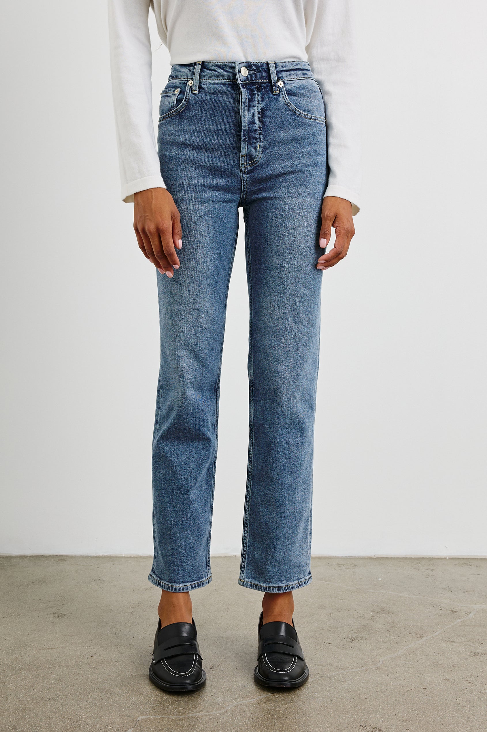 Topanga Straight Jeans with Belt Loops, Two Front Pockets plus a Coin Pocket and Two Back Patch Pockets in Blue Stone Colorway - Front View Featured on Model