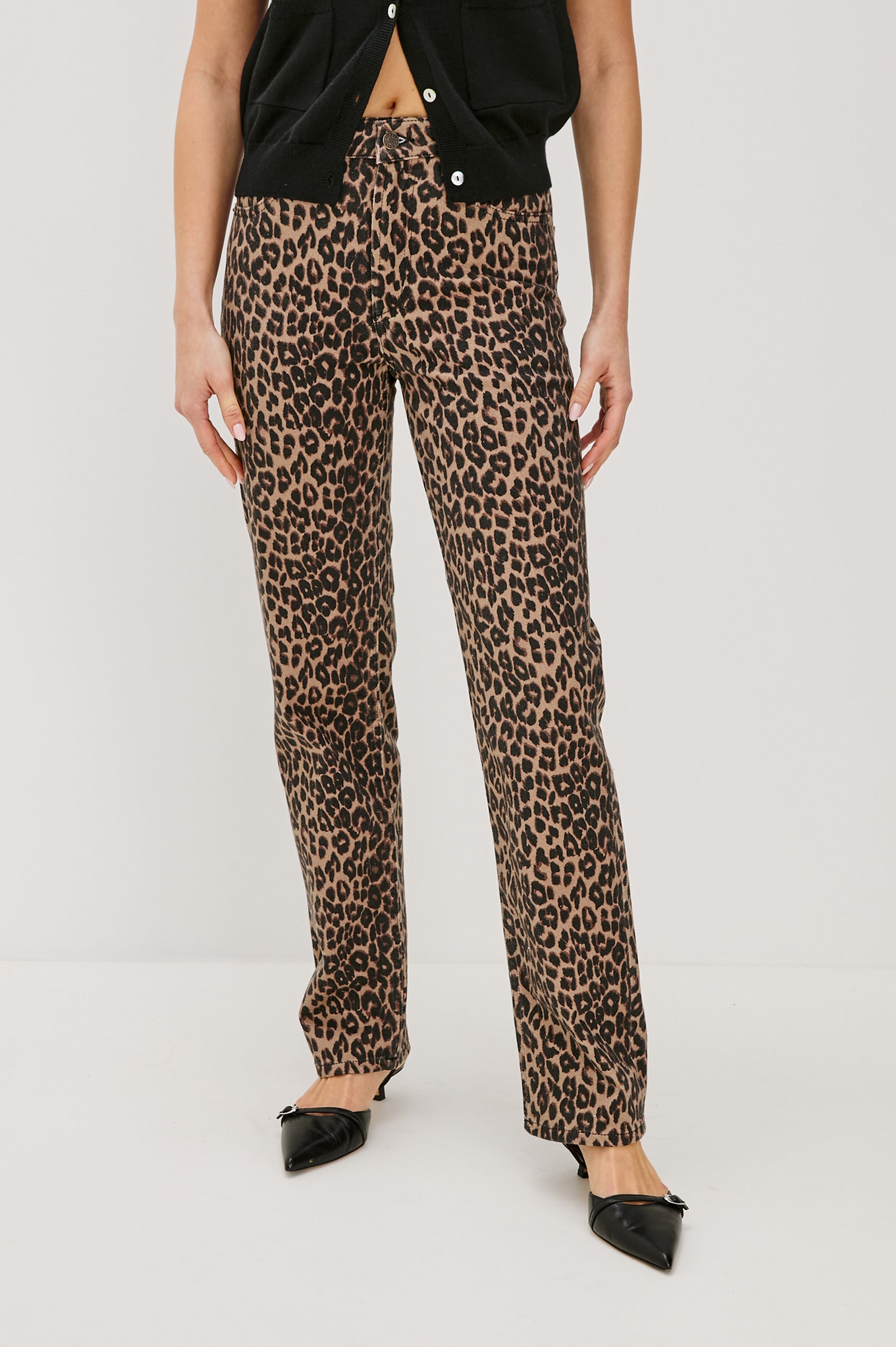 Topanga Straight Jeans with Belt Loops, Two Front Pockets plus a Coin Pocket and Two Back Patch Pockets in Brown Nala Colorway - Front View Featured on Model