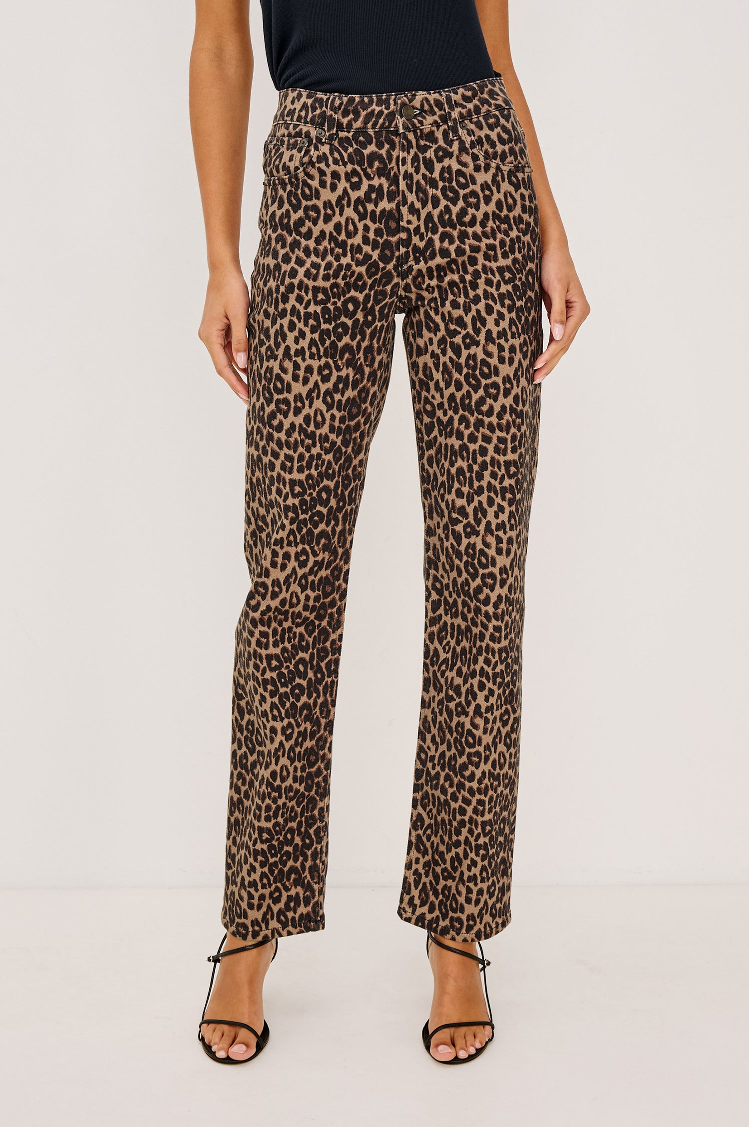 Topanga High-Rise Wide Straight Leg Jean in Dark Wash Denim With 5-Pockets and a Front Zip-Fly in Midnight Blues Colorway - Front View Featured on Model