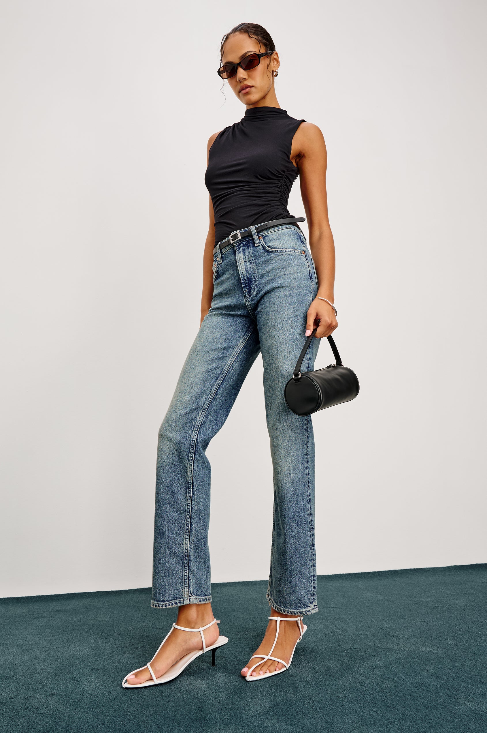 Topanga Straight Jeans with Belt Loops, Two Front Pockets plus a Coin Pocket and Two Back Patch Pockets in Desert Sky Colorway - Full Body Side View Featured on Model