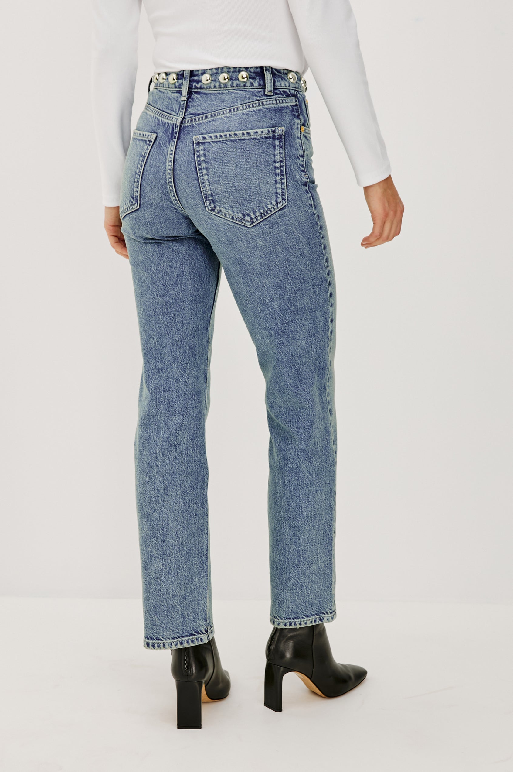 Topanga Straight Jeans with Belt Loops, Two Front Pockets plus a Coin Pocket and Two Back Patch Pockets in Desert Sky Studded Colorway - Back View Featured on Model.