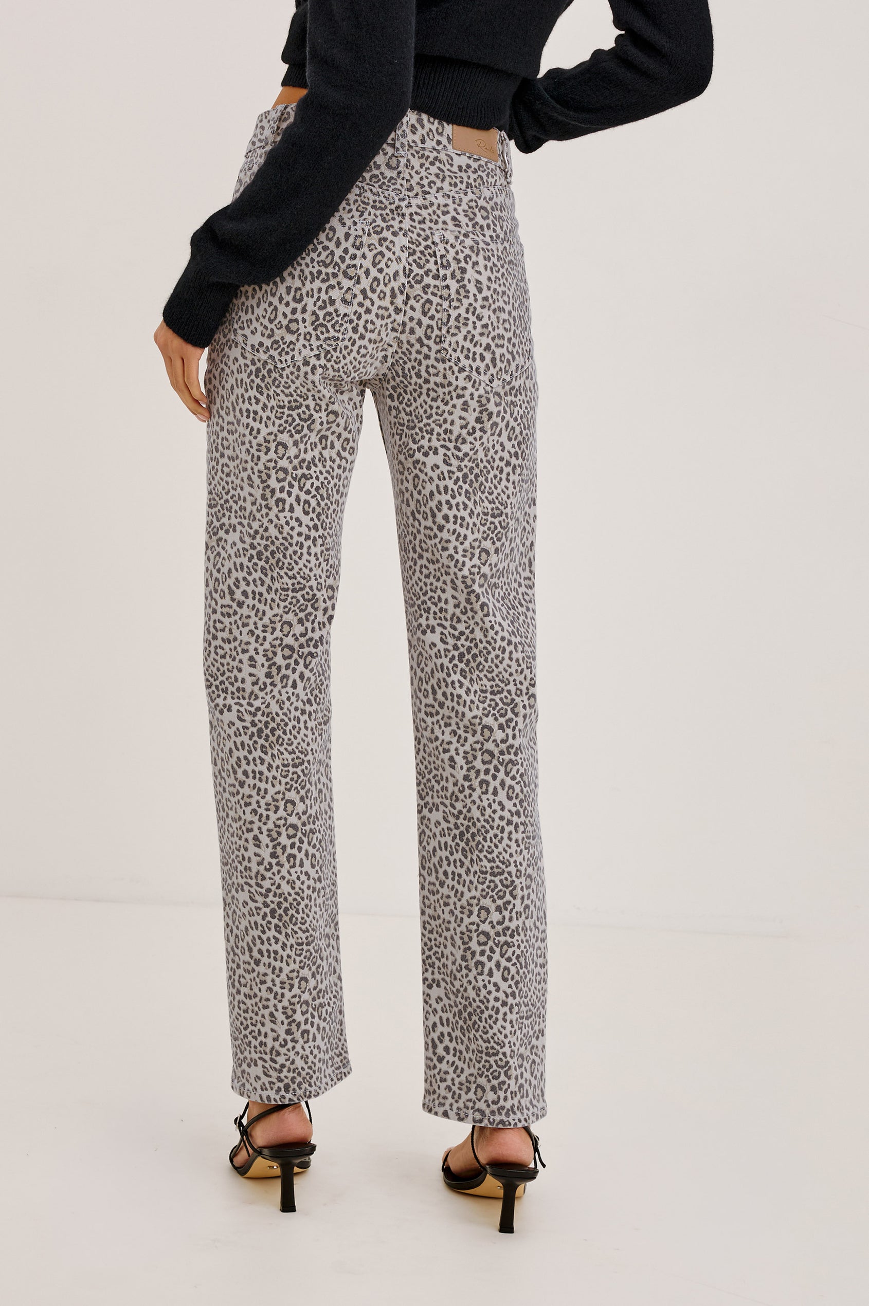 Topanga Straight Leg Jean in Comfort-Stretch Denim With High-Rise, 5-Pockets, and Zipper Fly in Ecru Cheetah Colorway - Lower Body Back View Featured on Model