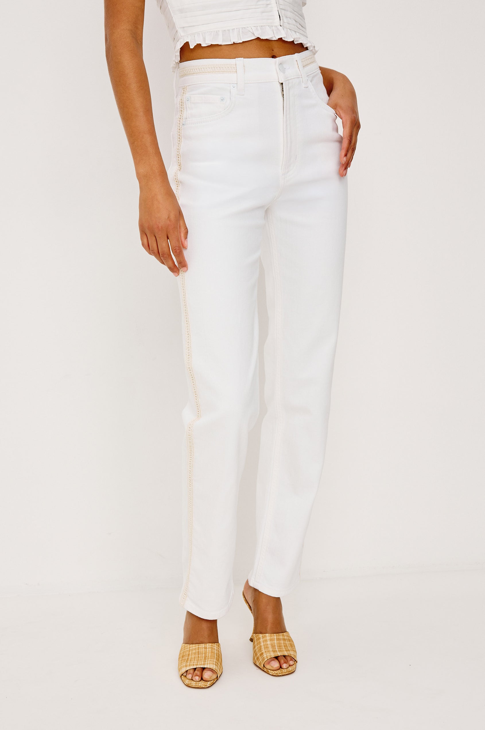 Topanga Straight Jean in Comfort Stretch Denim With High-Rise, 5-Pockets, and Front Zip Fly in Salt White Braided Colorway - Lower Body Front View Featured on Model