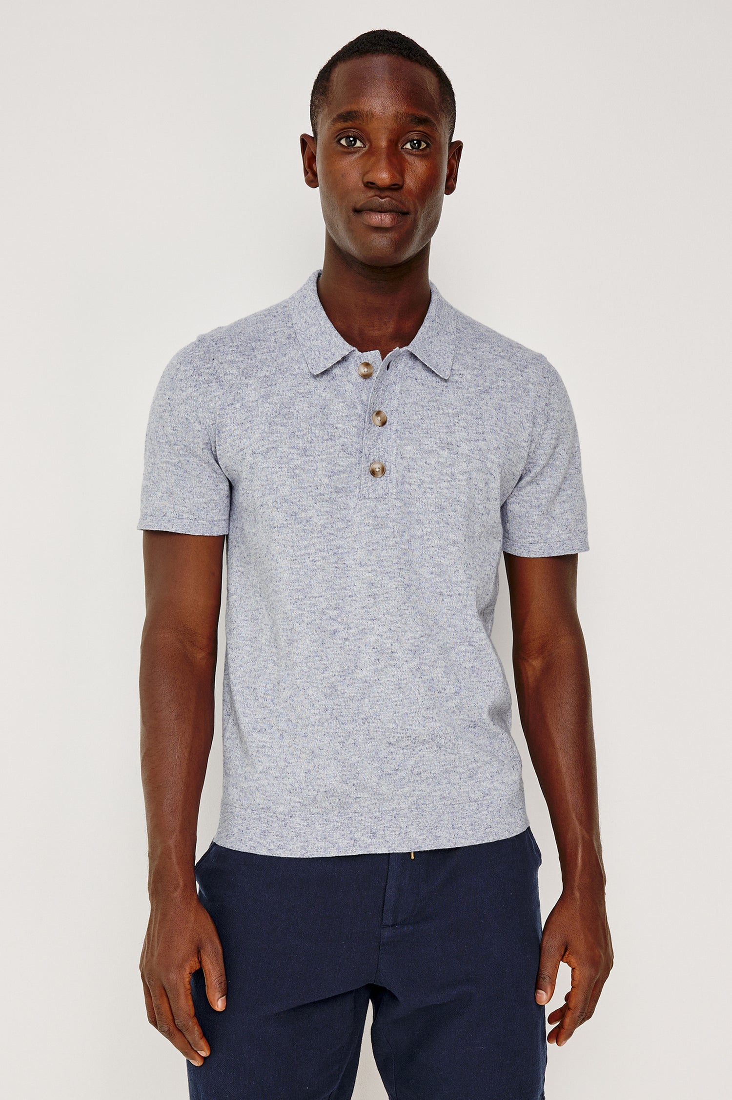 Torin Polo Shirt in Soft Heathered Jersey With Collar, Half Placket, and Short Sleeves in Tidal Haze Colorway - Upper Body Front View Featured on Model