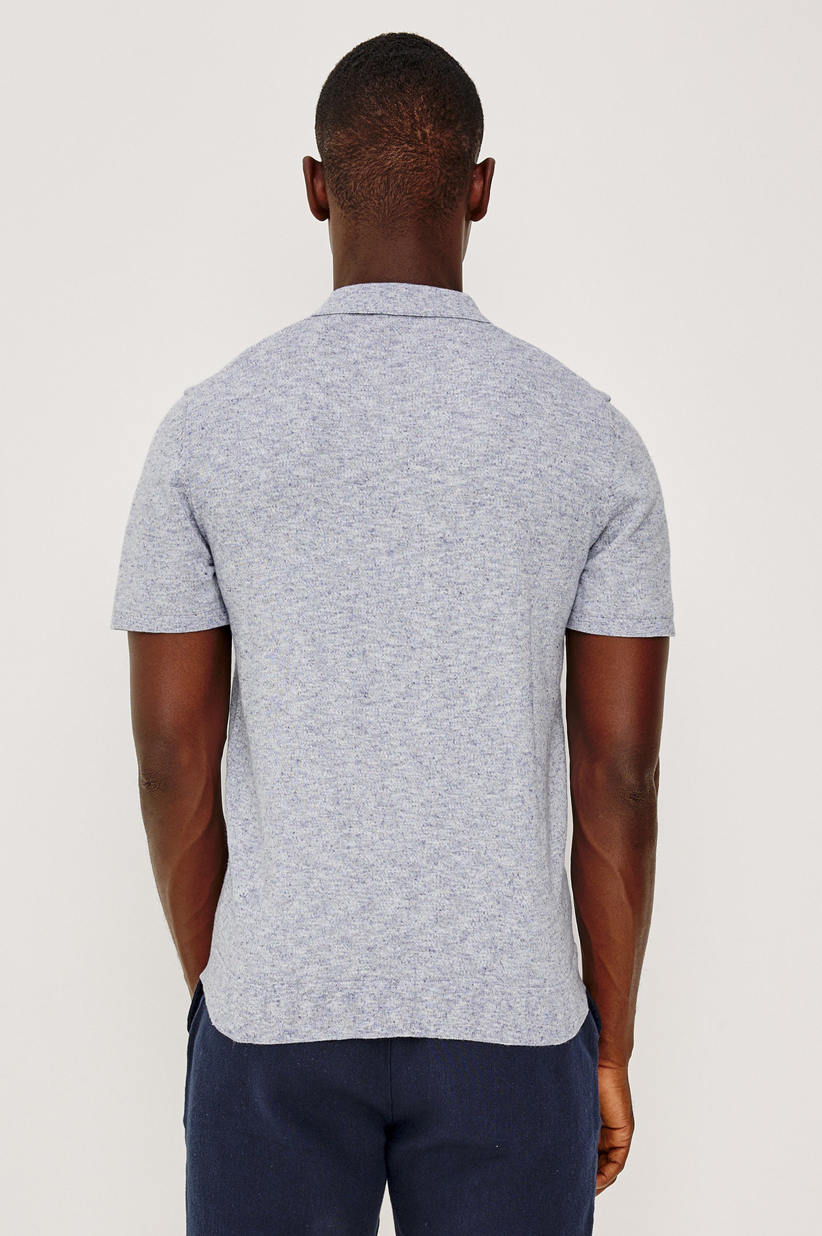 Torin Polo Shirt in Soft Heathered Jersey With Collar, Half Placket, and Short Sleeves in Tidal Haze Colorway - Upper Body Back View Featured on Model