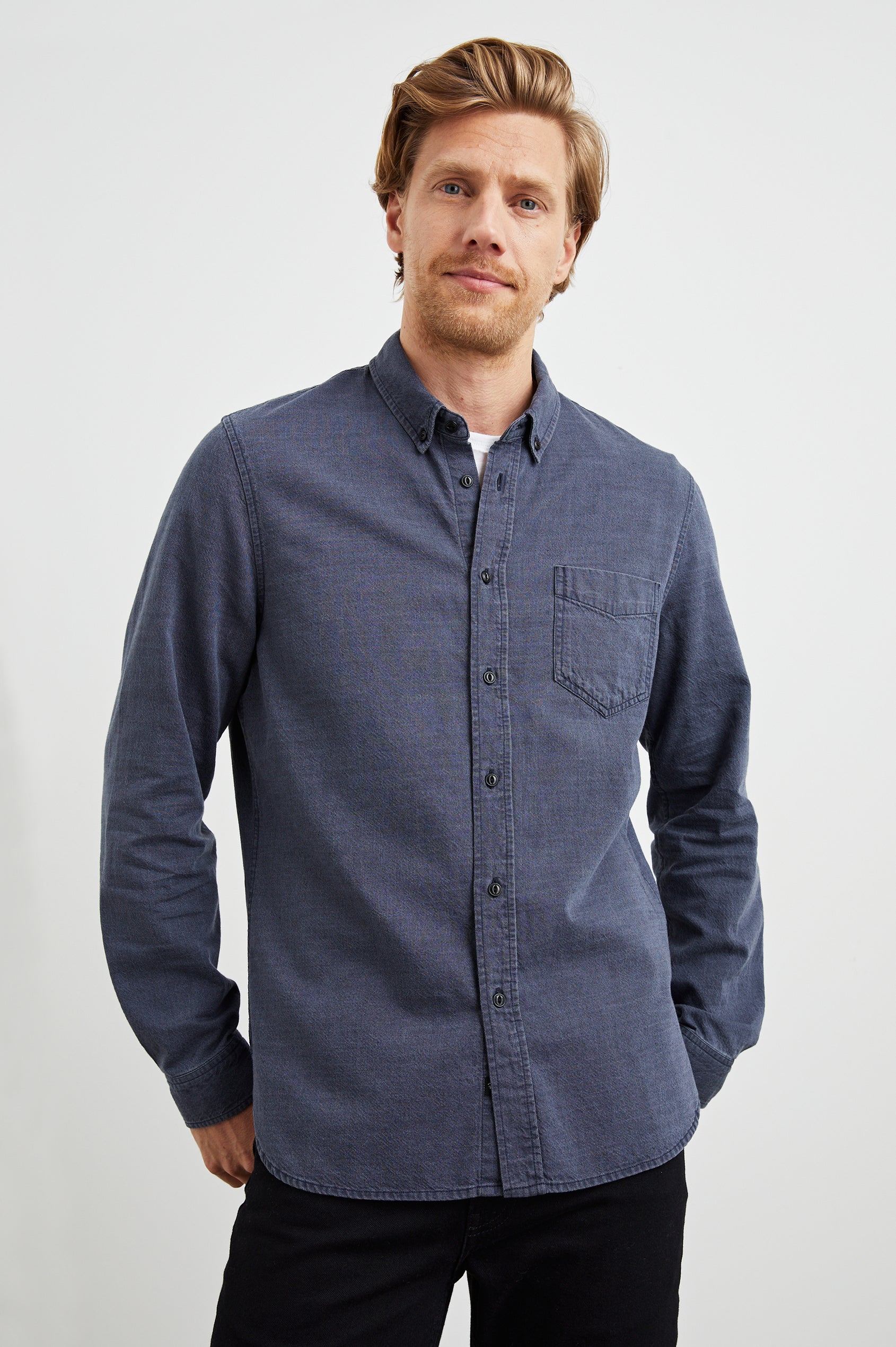 Tristan Long-Sleeve Button Down with a Chest Patch Pocket in Mountain Eclipse Colorway, a blue - Front View Featured on Model