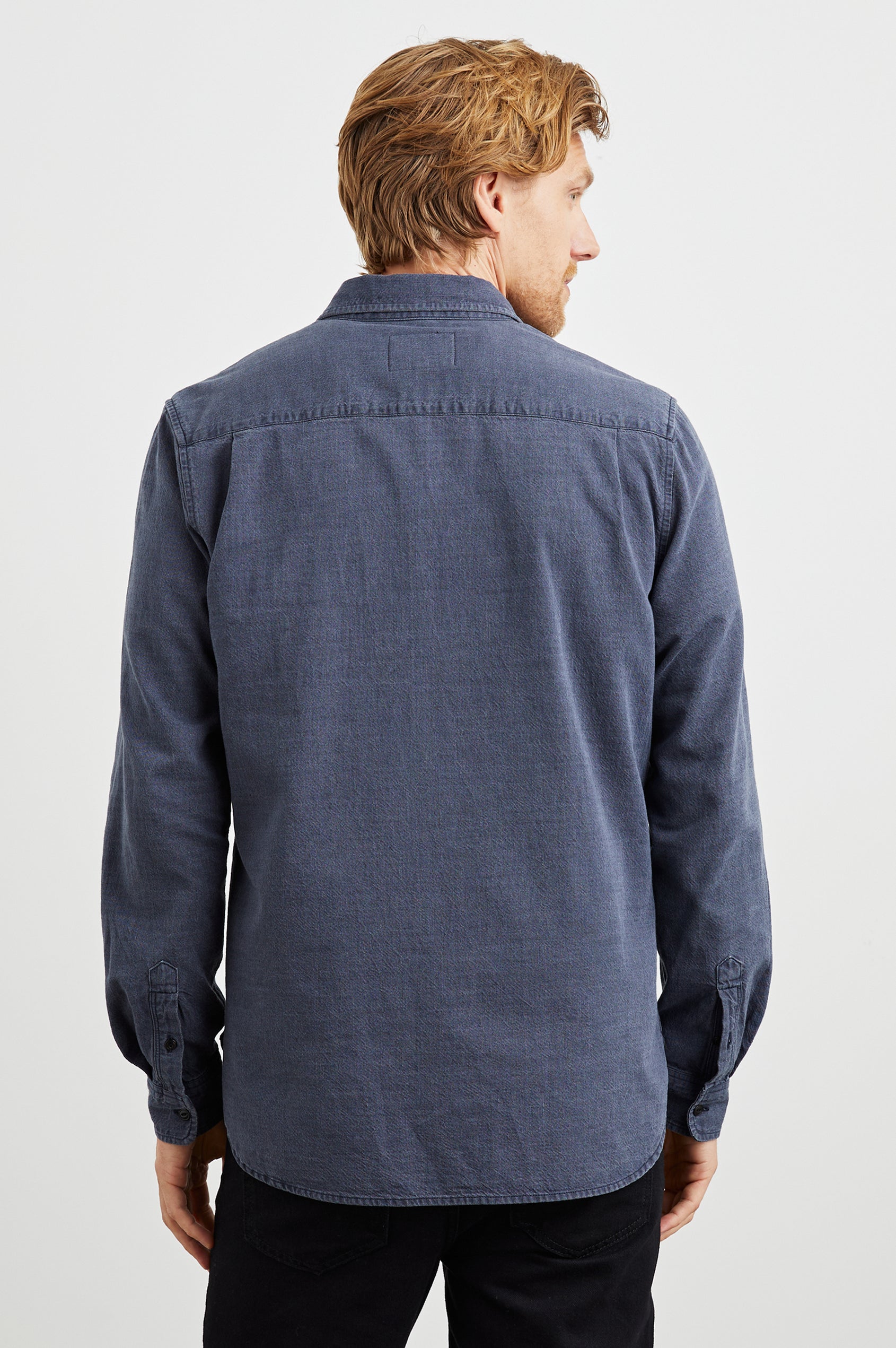 Tristan Long-Sleeve Button Down with a Chest Patch Pocket in Mountain Eclipse Colorway, a blue - Back View Featured on Model