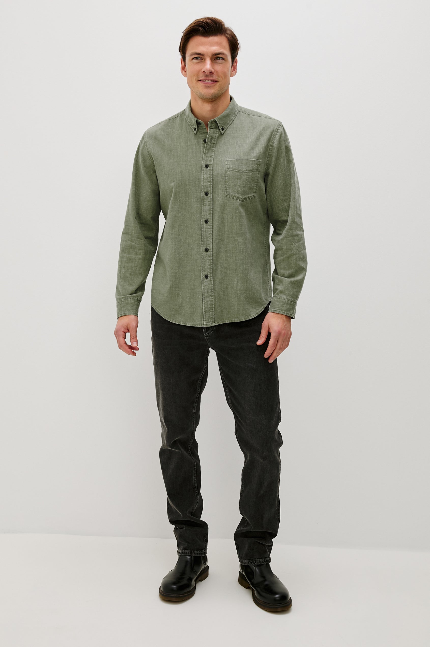 Tristan Long-Sleeve Button Down with a Chest Patch Pocket in Surplus Colorway, a olive green  - Front Full Body View Featured on Model