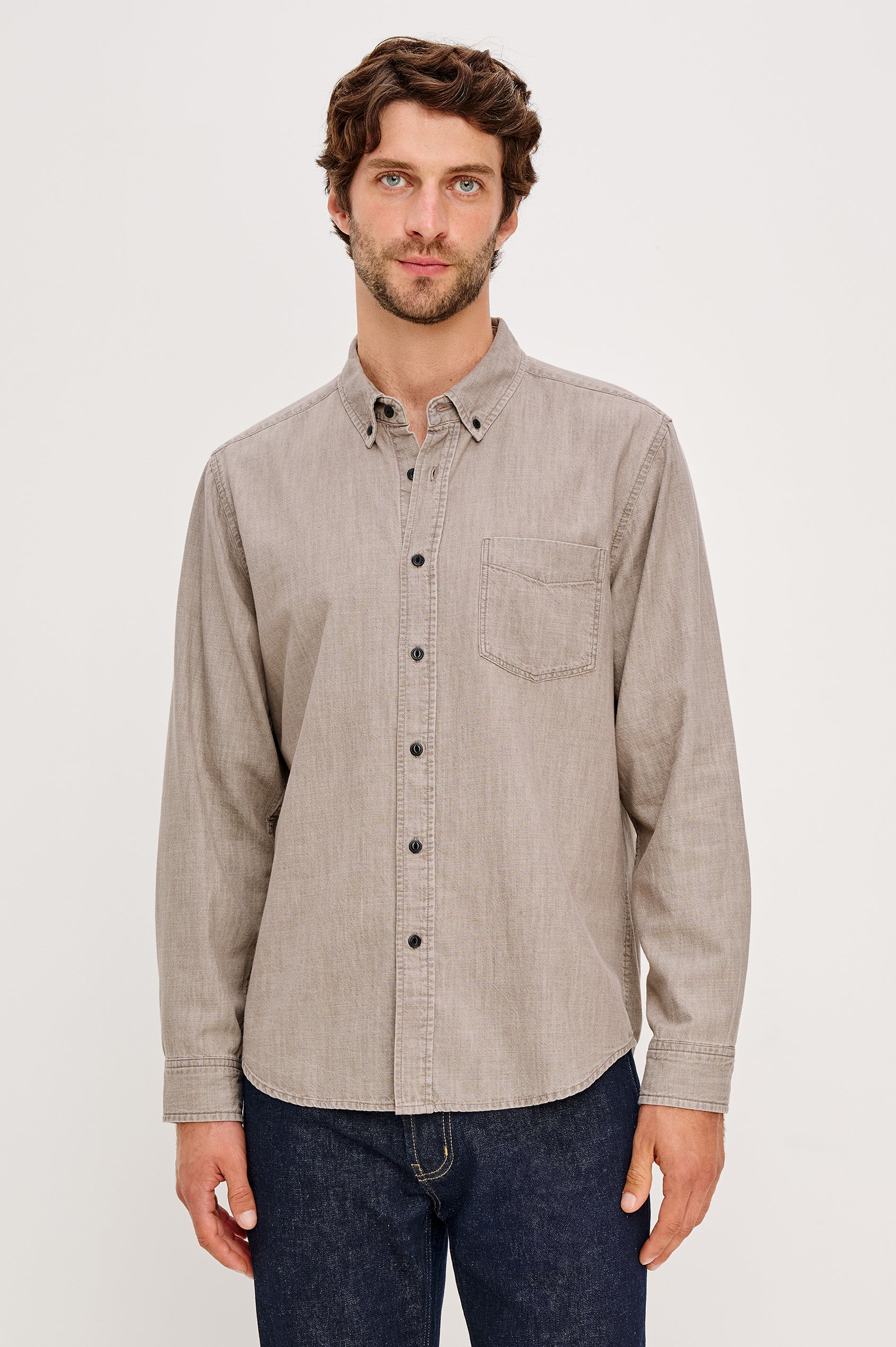 Tristan Long-Sleeve Button Down with a Chest Patch Pocket in Trail Mix Colorway, a brownish grey - Front View Featured on Seated Model