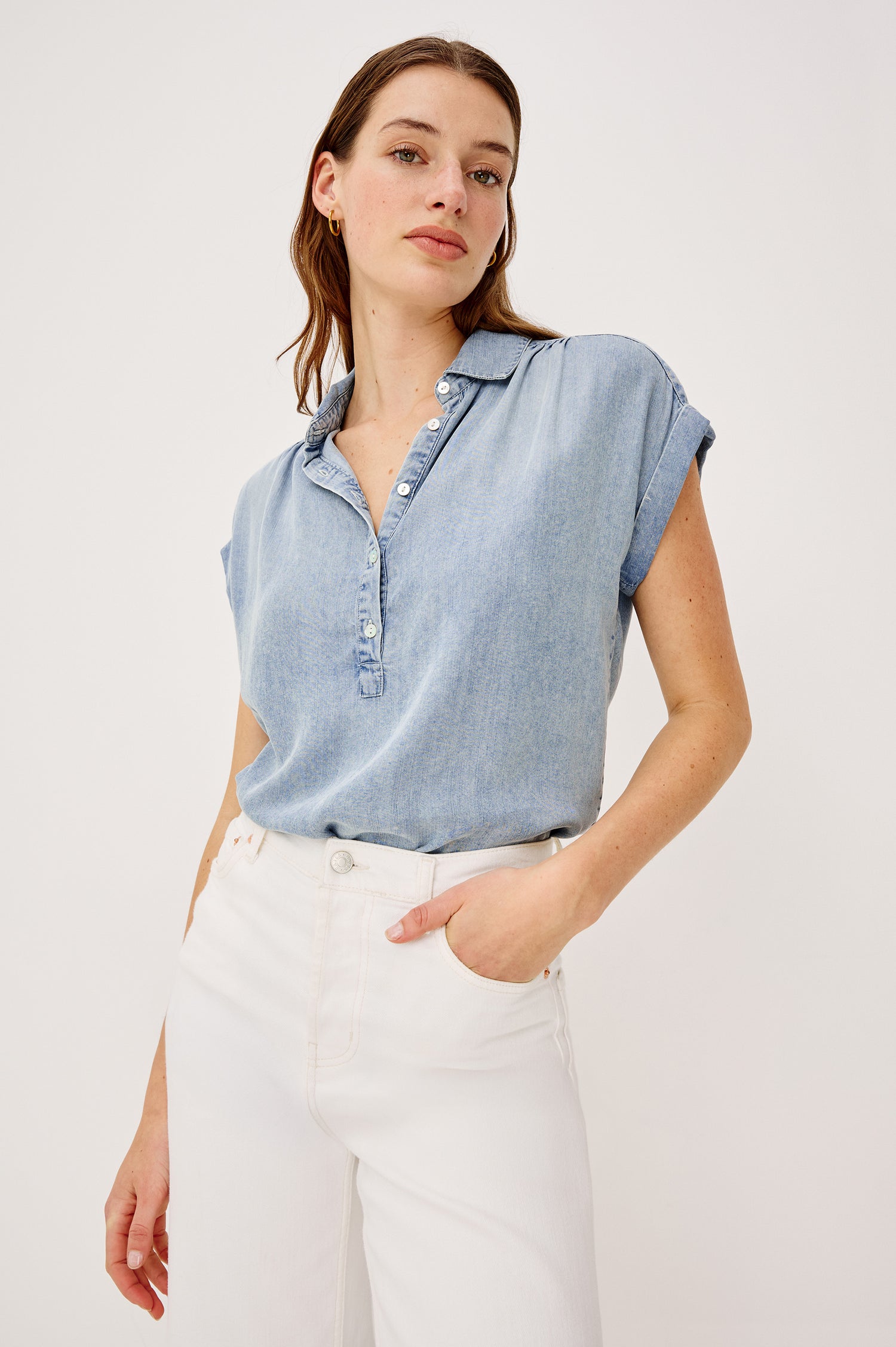 Tuscany Top in Luxe Linen With Relaxed Fit, Cuffed Cap Sleeves, Collar, Half Front Placket in Washed Blue Colorway - Upper Body Front View Featured on Model