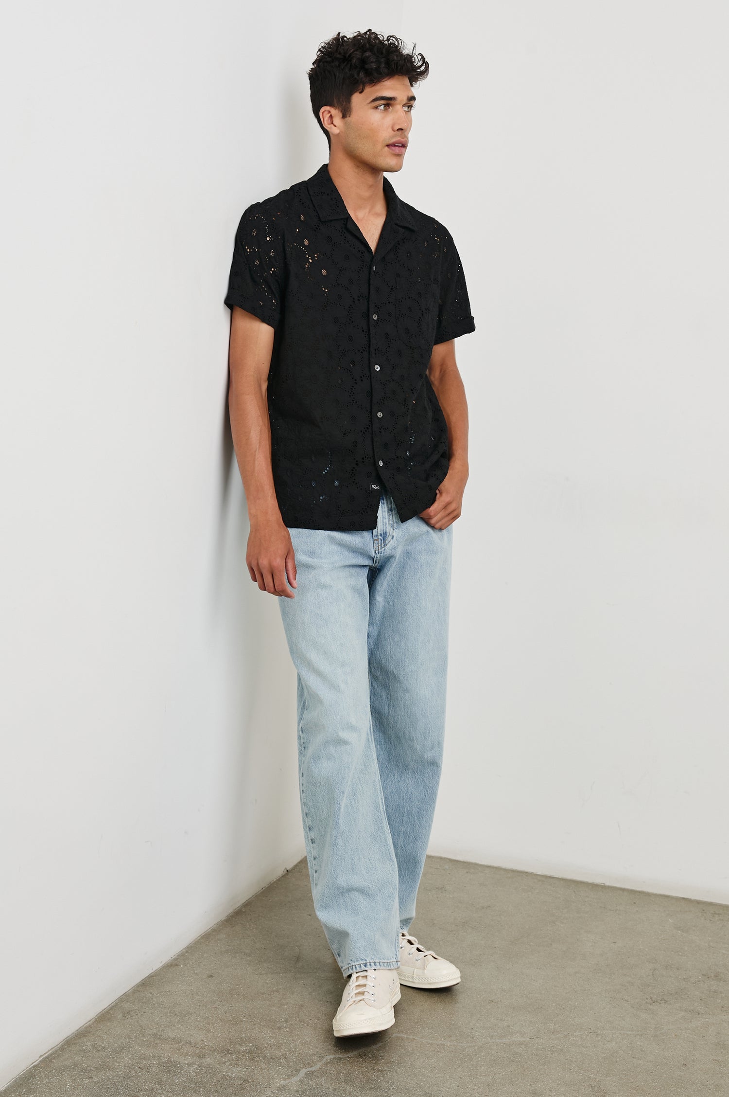 Tyler embroidered short sleeve button up with collar in Black Floral - full body front view on model