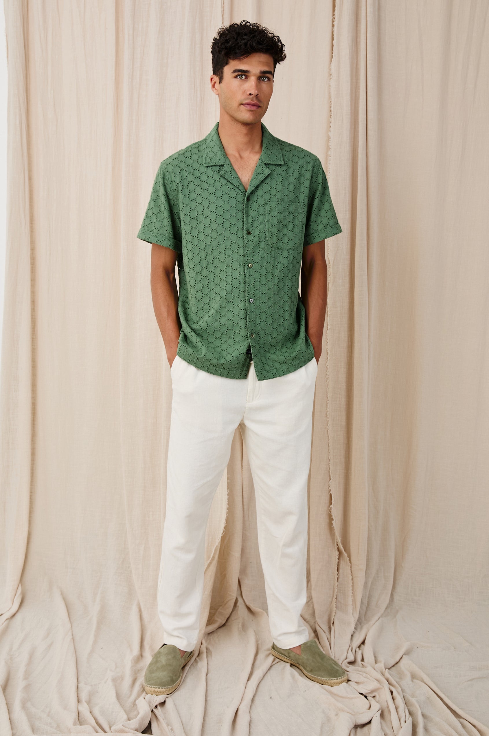 Tyler embroidered short sleeve button up with collar in Green Dots - full body front view on model