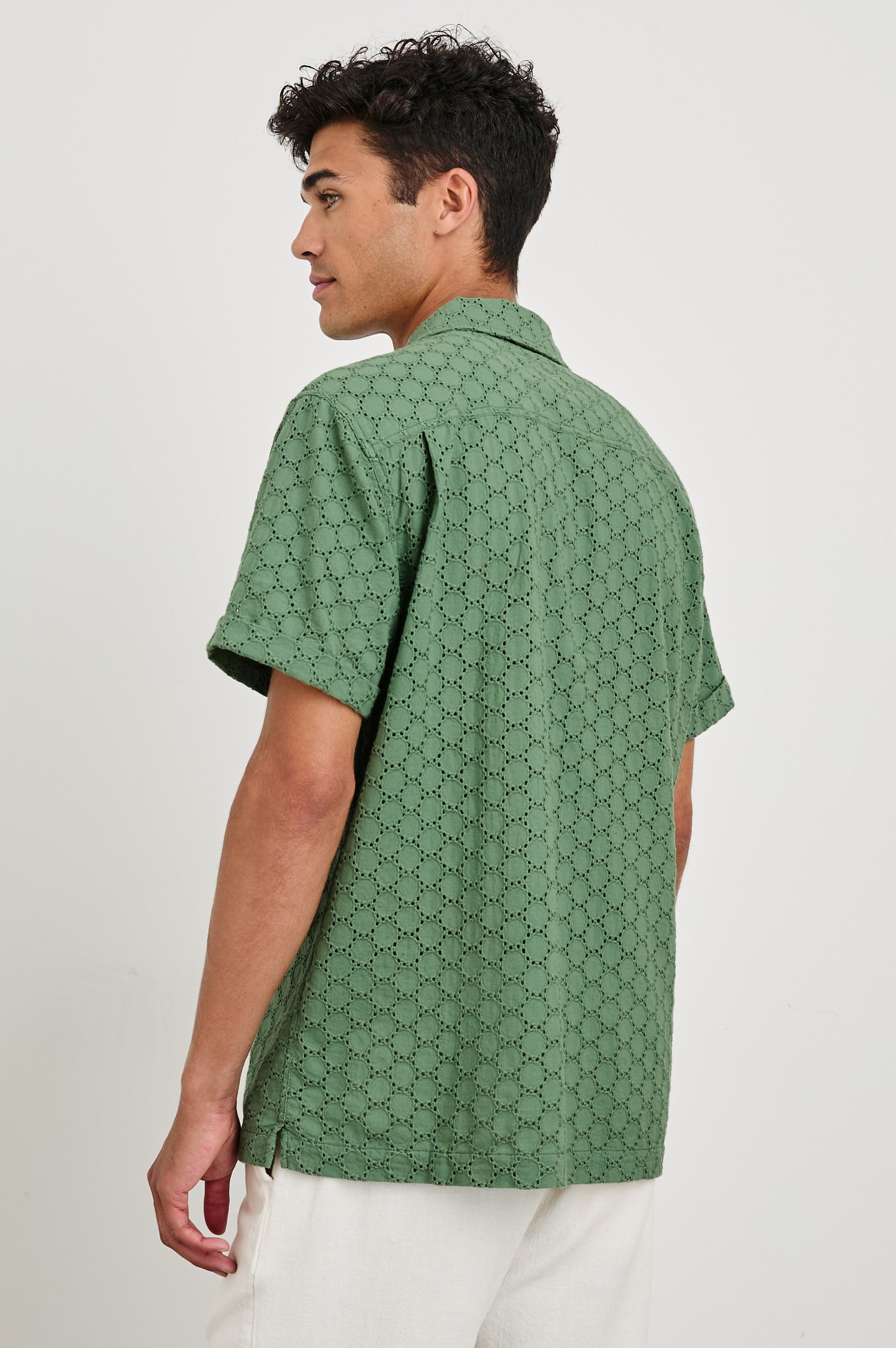 Tyler embroidered short sleeve button up with collar in Green Dots - back view on model