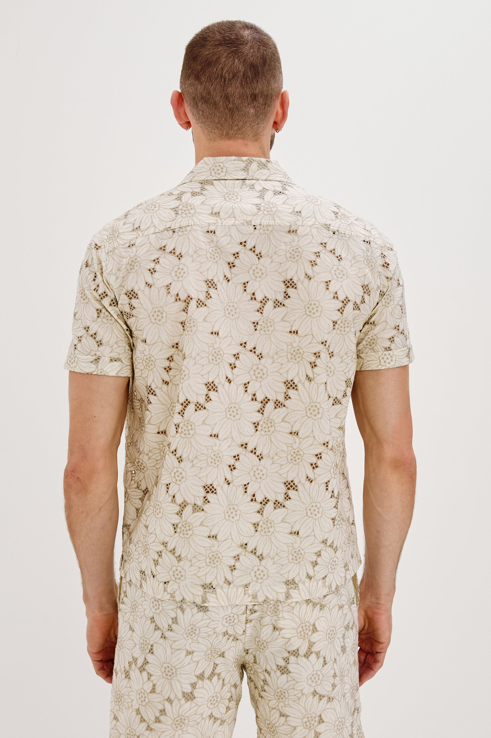 Tyler Collared Button Front Shirt with Short Sleeves in Multi Blue Colorway. Back View Shown on Model.