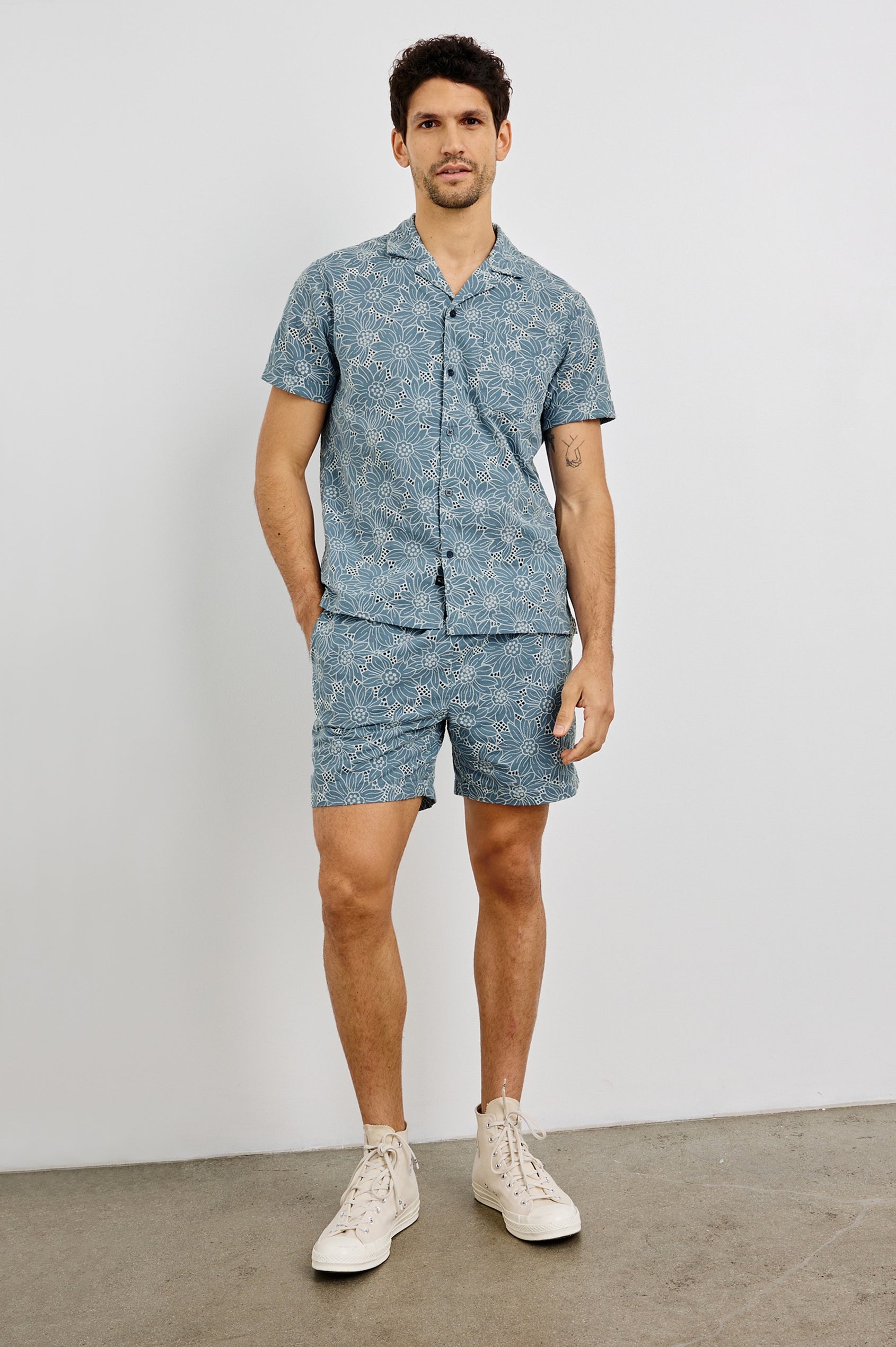 Tyler Collared Button Front Shirt with Short Sleeves in Multi Blue Colorway. Full Body Front View Shown on Model.