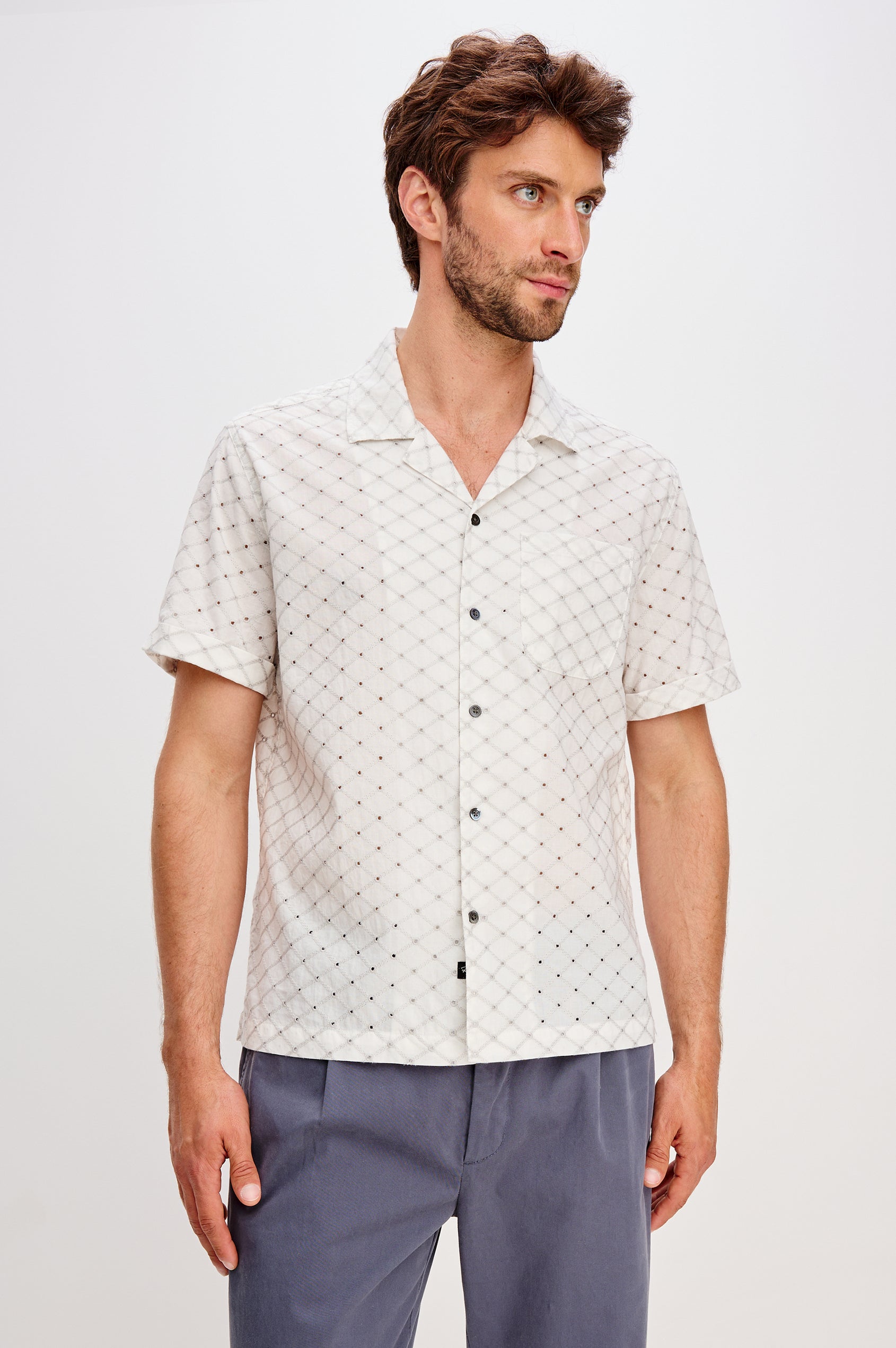 Tyler Shirt in Stretch Cotton With Floral Jute Embroidery, Front Buttons, Notched Collar, Short Sleeves, and Classic Fit in Silver Bone Diamond Colorway - Upper Body Close Up Front View Featured on Model