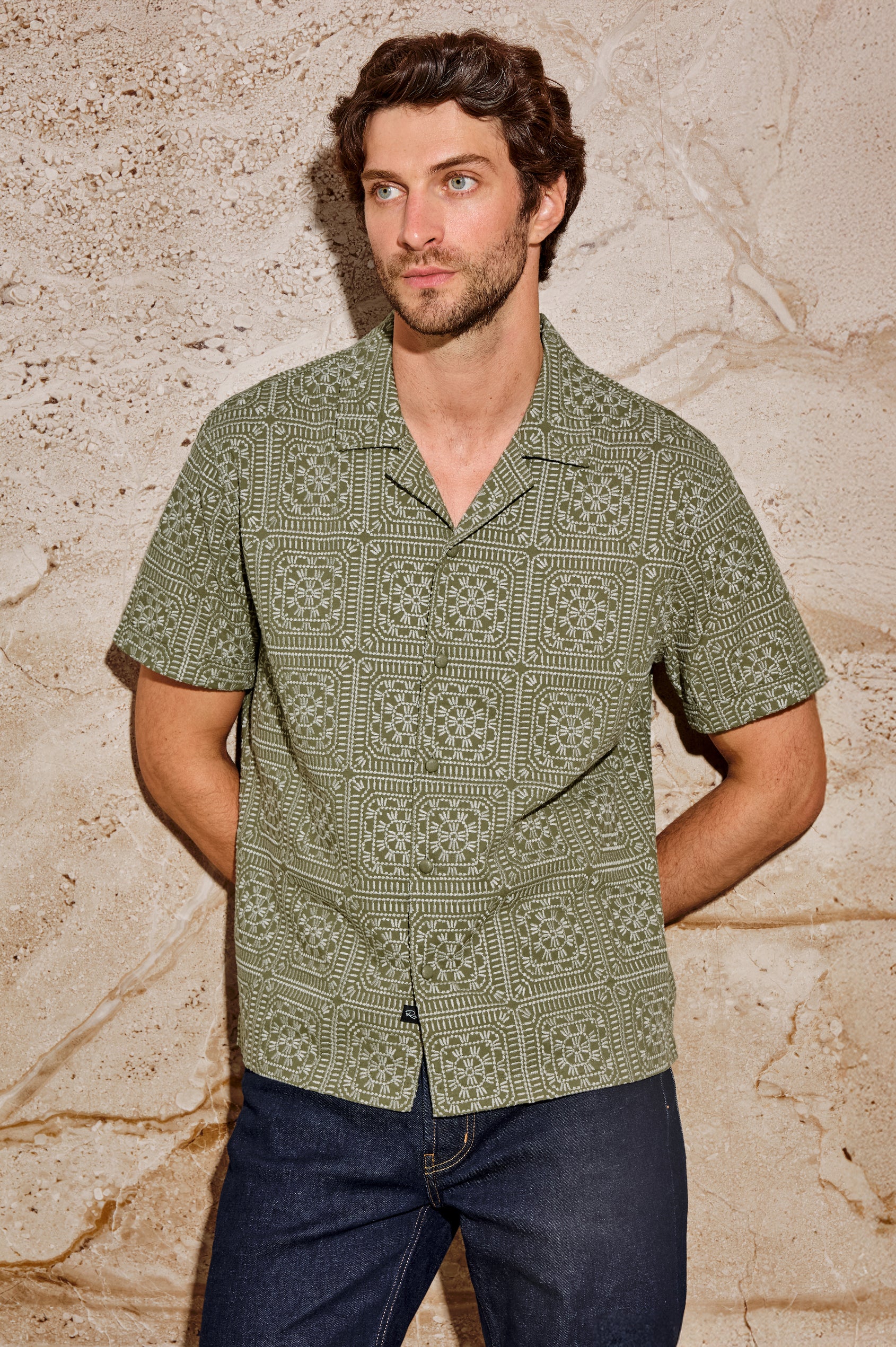 Tyler Collared Button Front Shirt with Short Sleeves in Surplus Sage Squares Colorway. Front View Shown on Model.