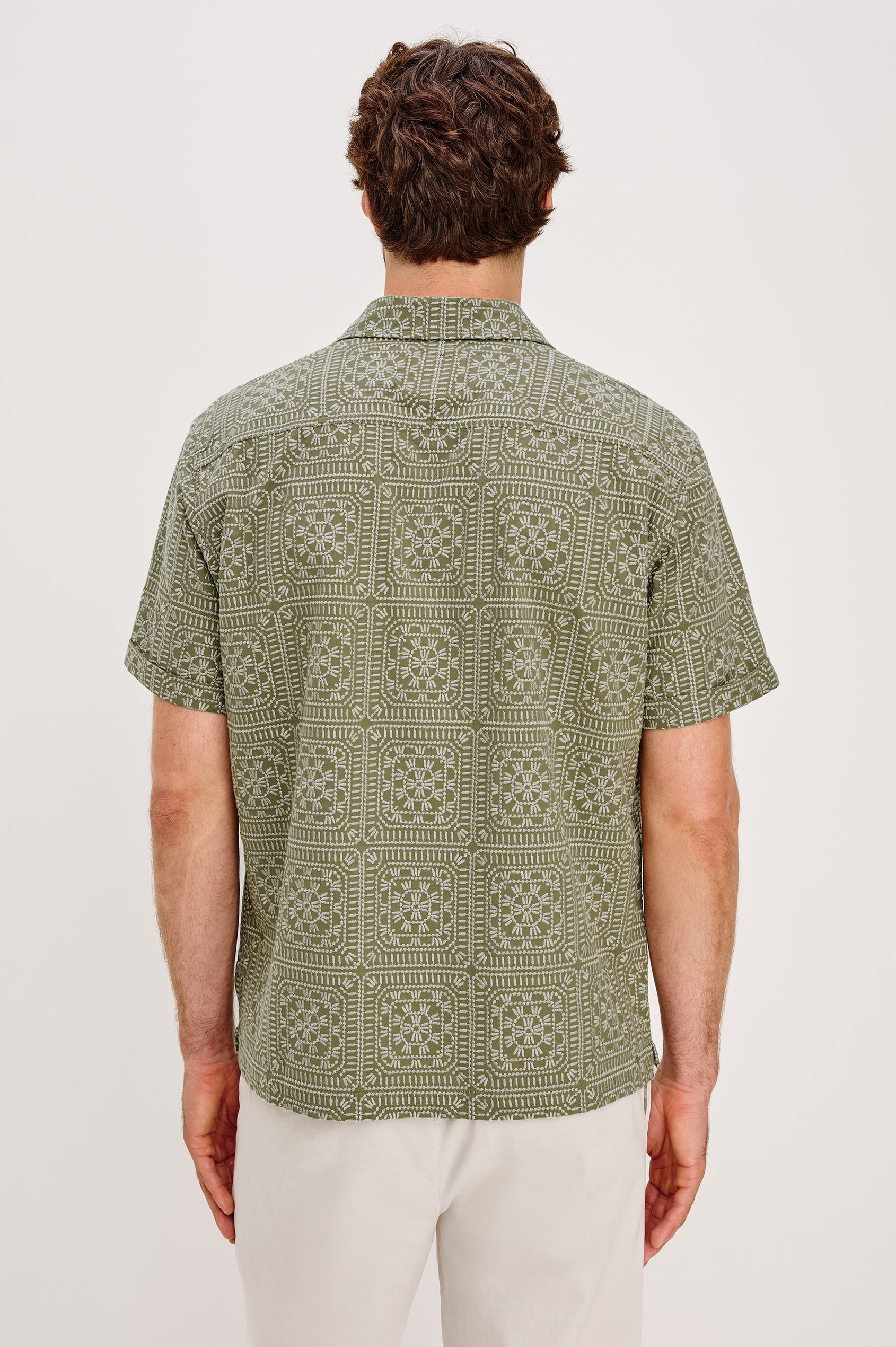 Tyler Collared Button Front Shirt with Short Sleeves in Surplus Sage Squares Colorway. Back View Shown on Model.