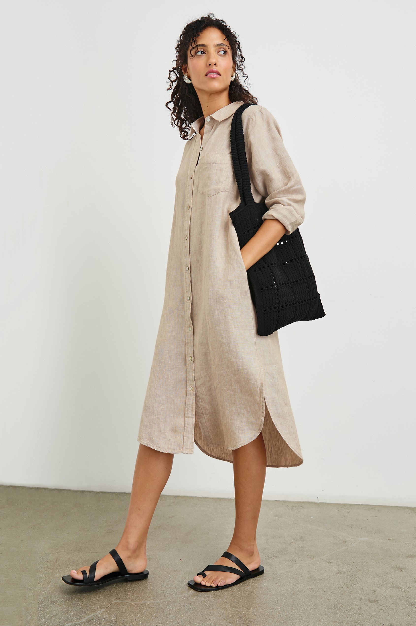 Val Long Sleeve Shirt Dress With Collar And Button Down Front In Colorway Flax - Side View Featured On Model