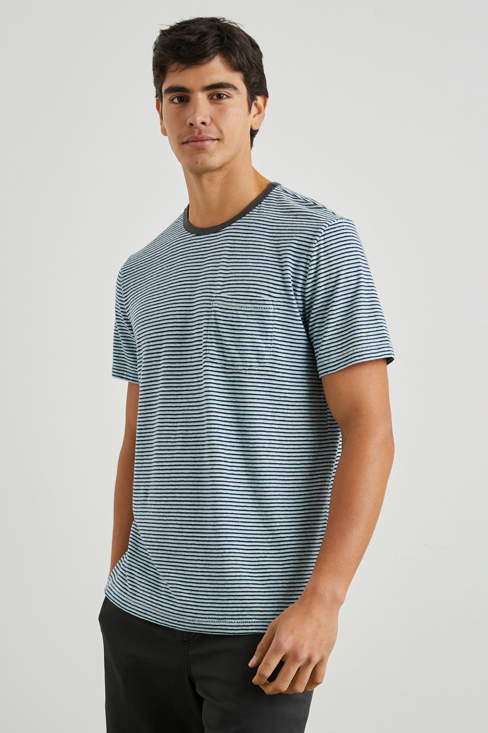 Valencia Short-Sleeve T-Shirt with a Crew Neck and a Chest Patch Pocket in Cerulean Sky Stripe Colorway, Horizontal Stripes - Front View Featured on Model  