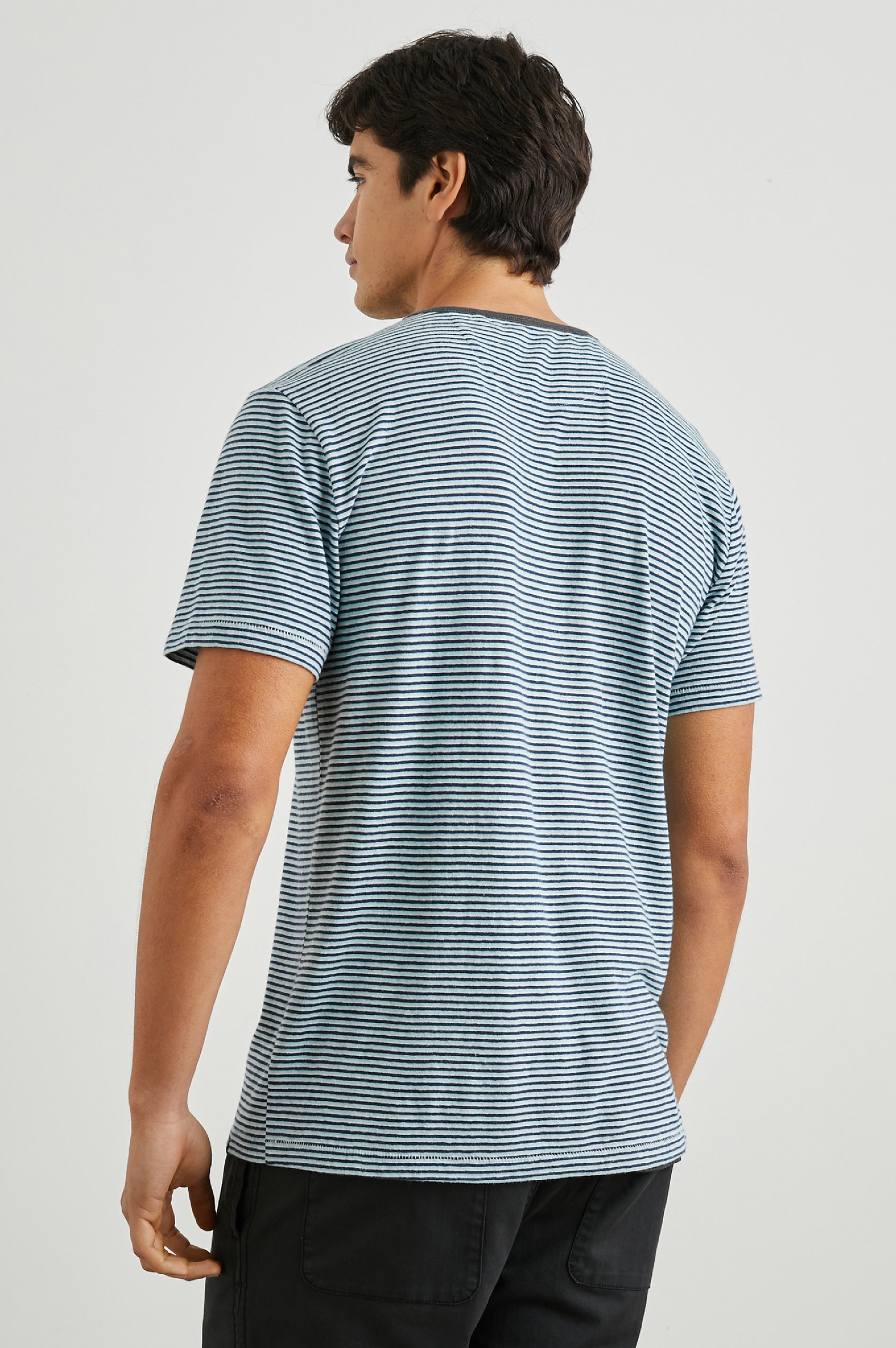 Valencia Short-Sleeve T-Shirt with a Crew Neck and a Chest Patch Pocket in Cerulean Sky Stripe Colorway, Horizontal Stripes - Back View Featured on Model  