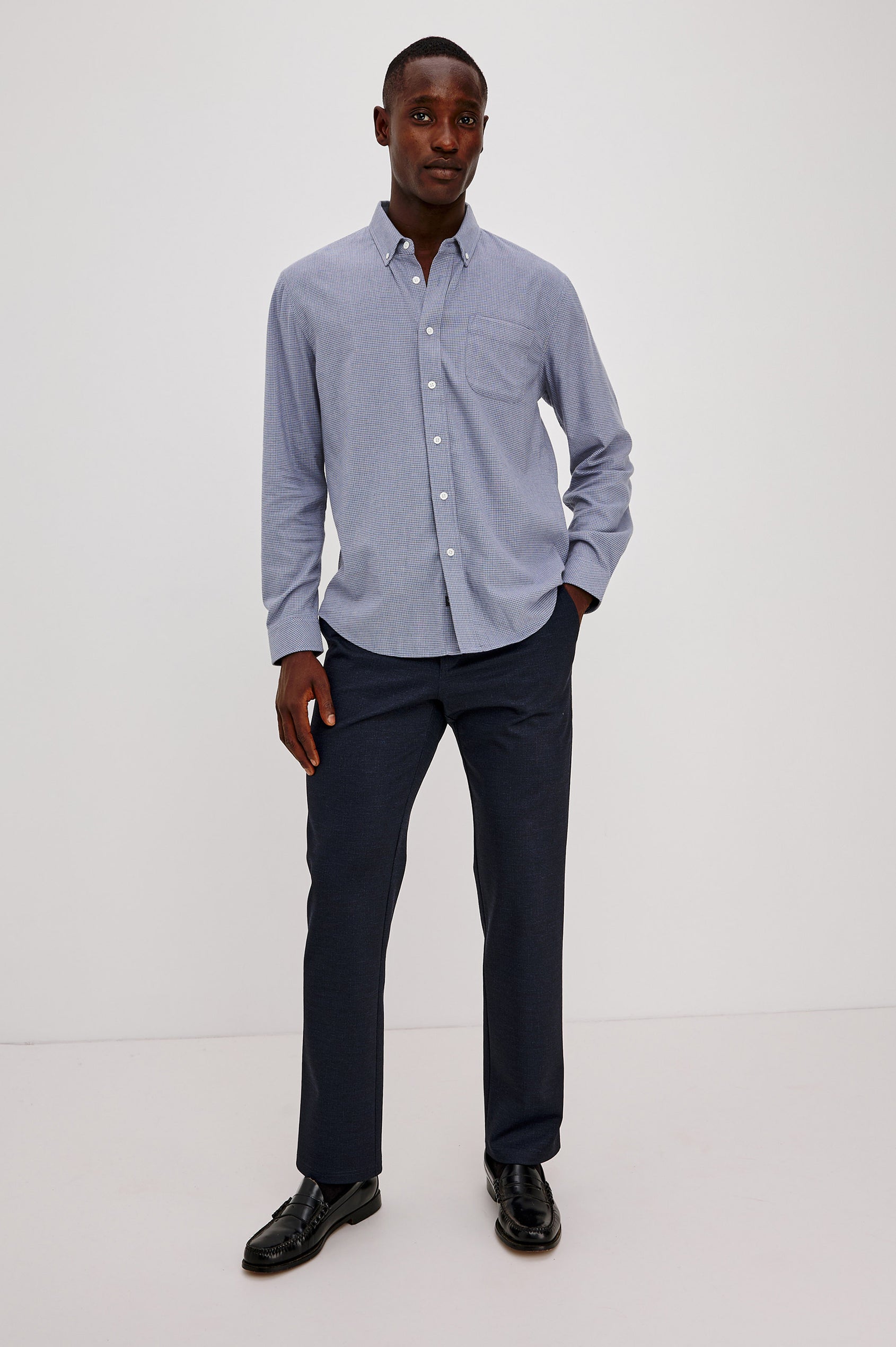 Vance Shirt in Soft Brushed Cotton Blend in Classic Slim Fit, Collar, Button-Down Design, Chest Pocket, and Long Sleeves in Blue Heather Grid Colorway - Full Body Front View Featured on Model