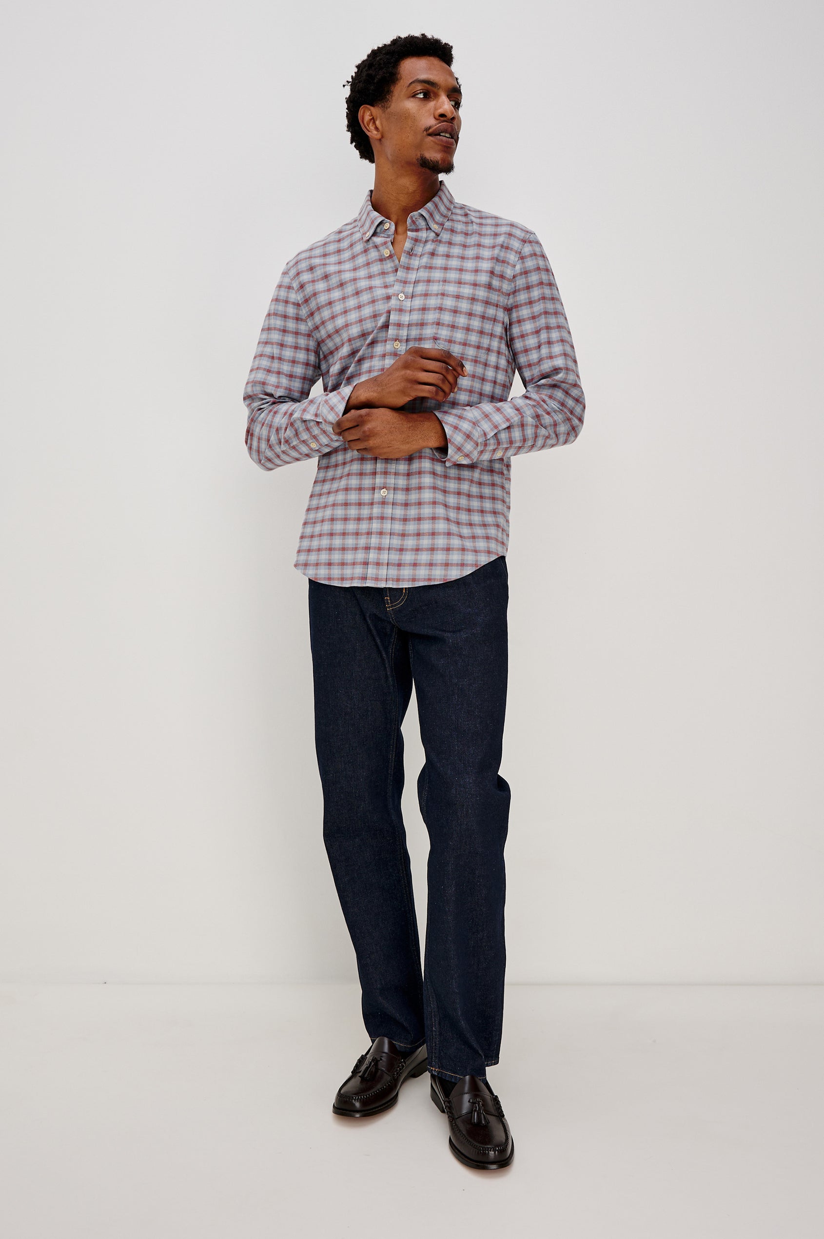 Vance button front collared shirt with long sleeves, collard stand buttons and a single chest pocket in Blue Ruby Check colorway. Front full body view featured on model.
