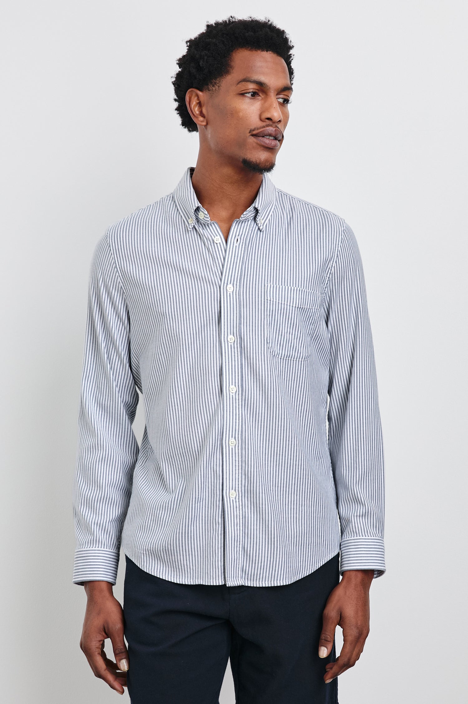 Vance Front Button Shirt in Cotton Blend With Collar, Long Sleeves, and Classic Fit in Blue White Stripe Colorway - Upper Body Front View Featured on Model