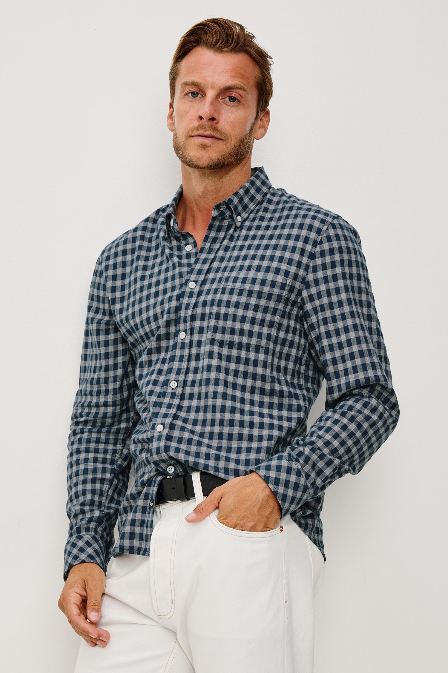 Vance Front Button Shirt in Cotton Blend With Collar, Long Sleeves, and Classic Fit in Navy Ivory Check Colorway - Upper Body Front View Featured on Model