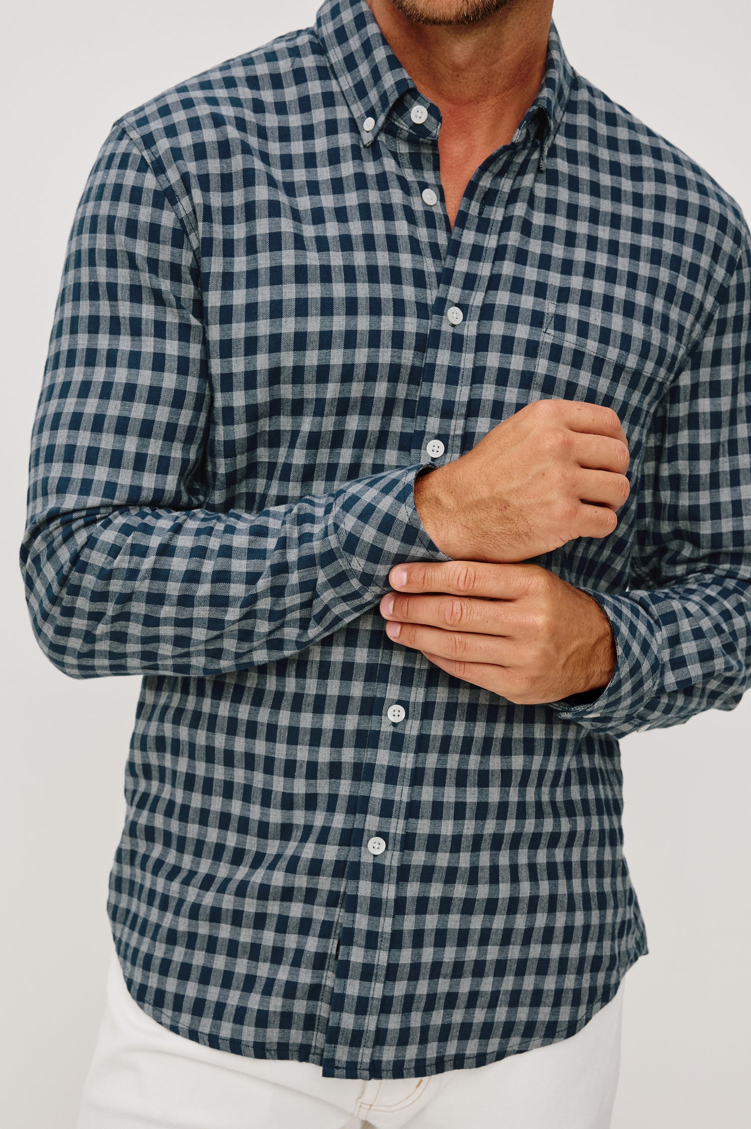 Vance Front Button Shirt in Cotton Blend With Collar, Long Sleeves, and Classic Fit in Navy Ivory Check Colorway- Upper Body Close Up Front View Featured on Model