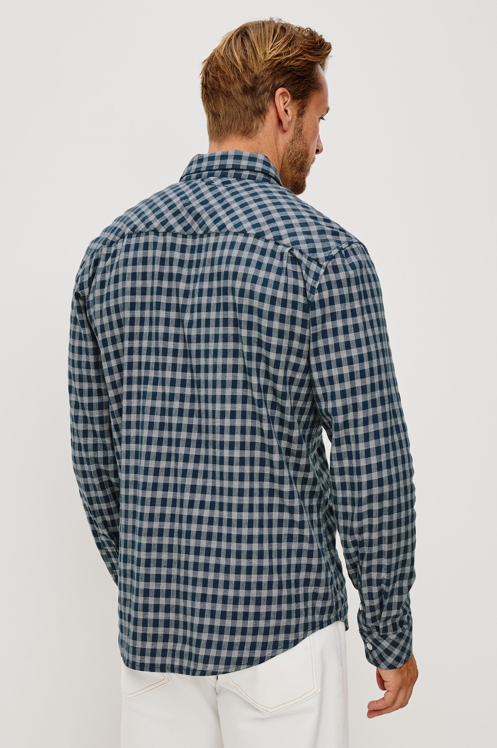 Vance Front Button Shirt in Cotton Blend With Collar, Long Sleeves, and Classic Fit in Navy Ivory Check Colorway - Upper Body Back View Featured on Model