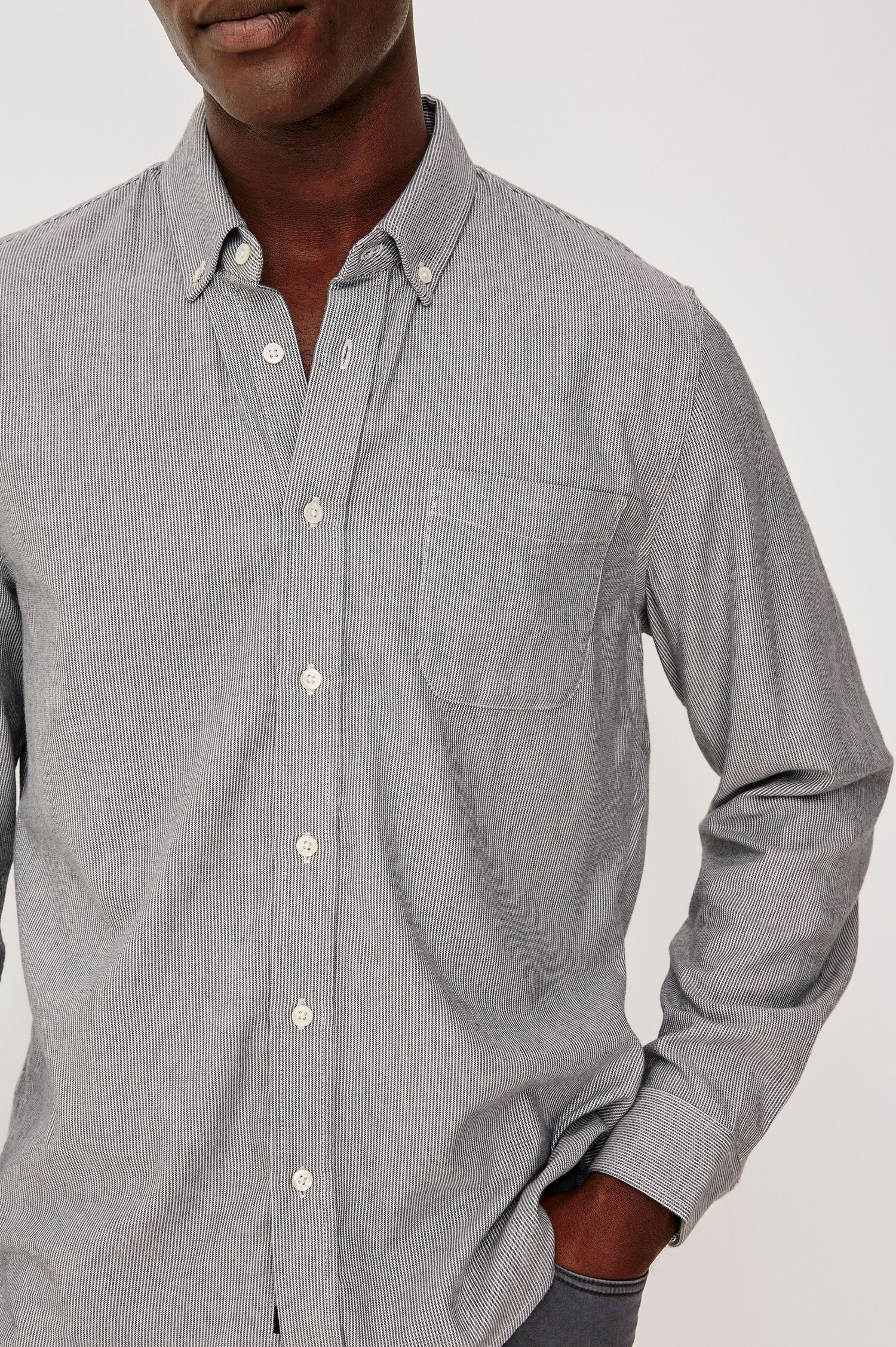 Vance button front collared shirt with long sleeves, collard stand buttons and a single chest pocket in Navy Rope Stripe colorway. Front detail view shown on model.