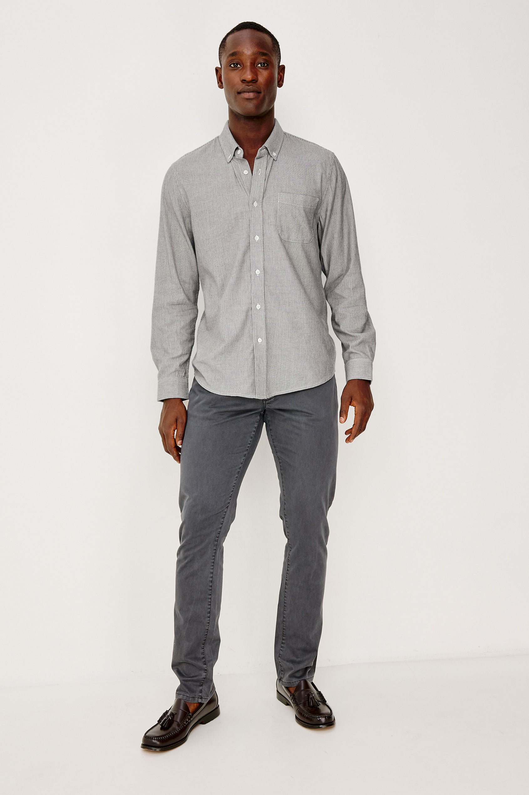 Vance button front collared shirt with long sleeves, collard stand buttons and a single chest pocket in Navy Rope Stripe colorway. Front full body view shown on model.