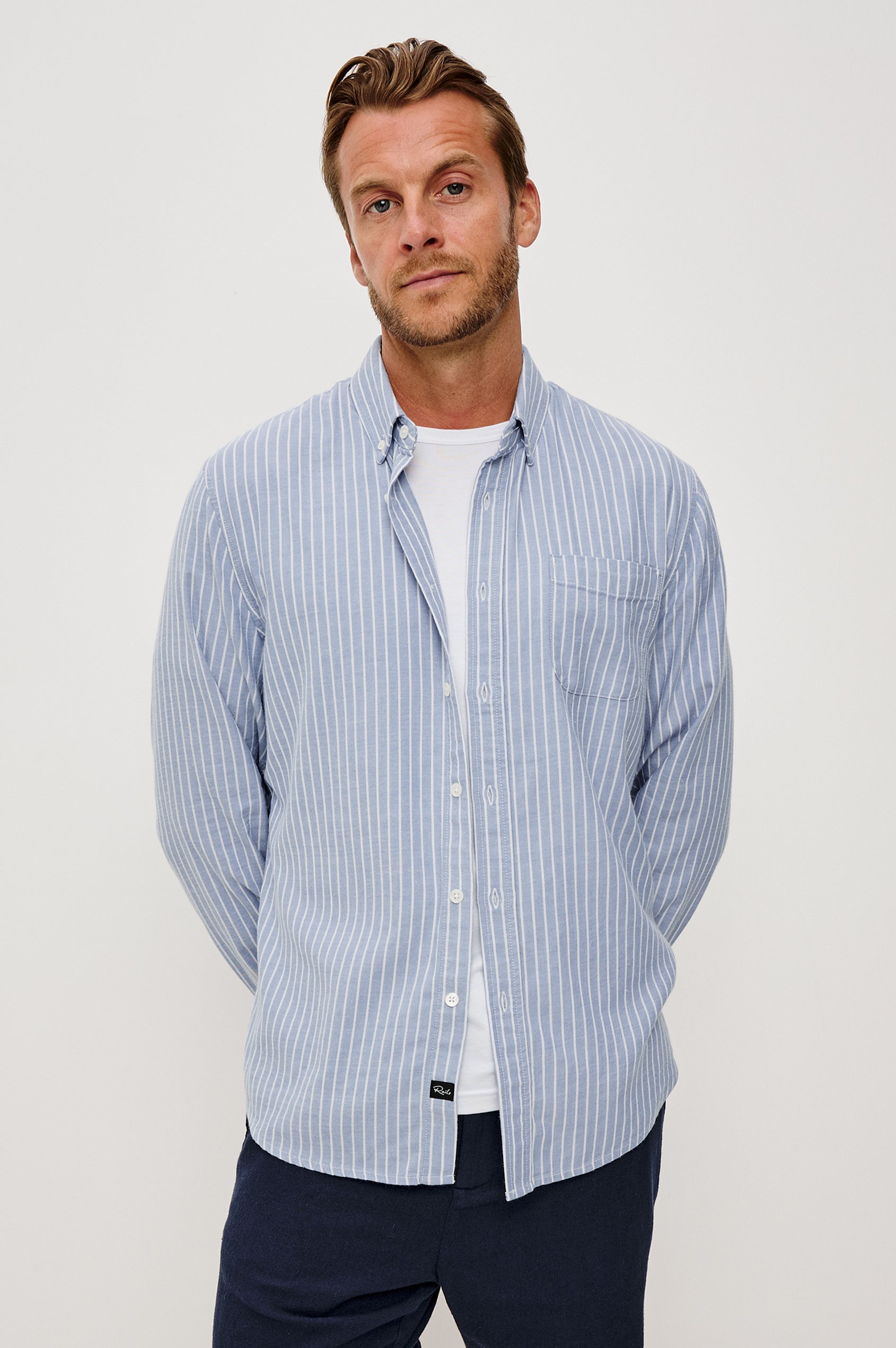 Vance Front Button Shirt in Cotton Blend With Collar, Long Sleeves, and Classic Fit in Navy Ivory Check Colorway - Upper Body Front View Featured on Model