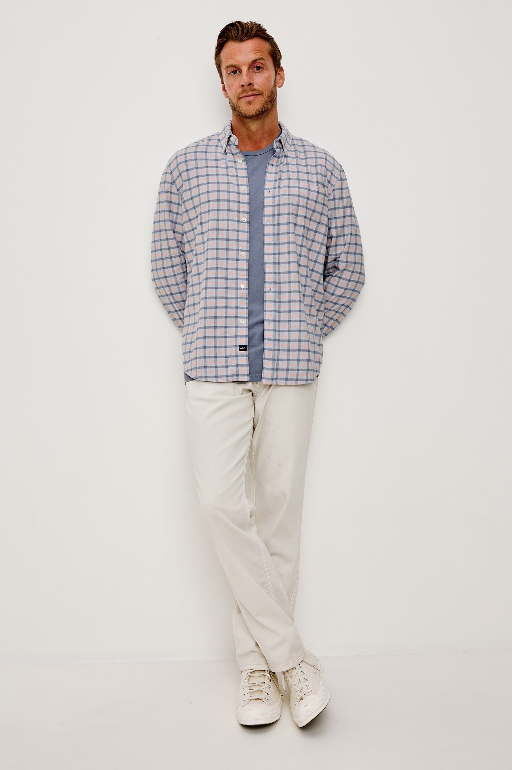 Vance Front Button Shirt in Cotton Blend With Collar, Long Sleeves, and Classic Fit in Peach Sky Colorway - Full Body Front View Featured on Model