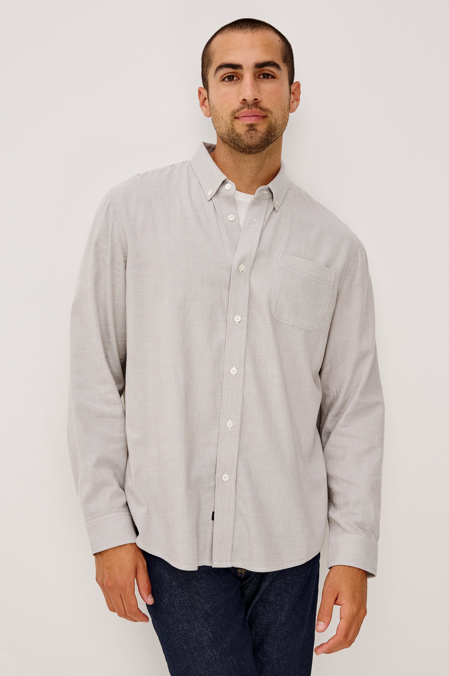 Vance Button-Down Shirt in Cotton Twill Blend With Collar, Long Sleeves, and Single Chest Patch Pocket in Pebble Rope Stripe Colorway - Upper Body Front View Featured on Model