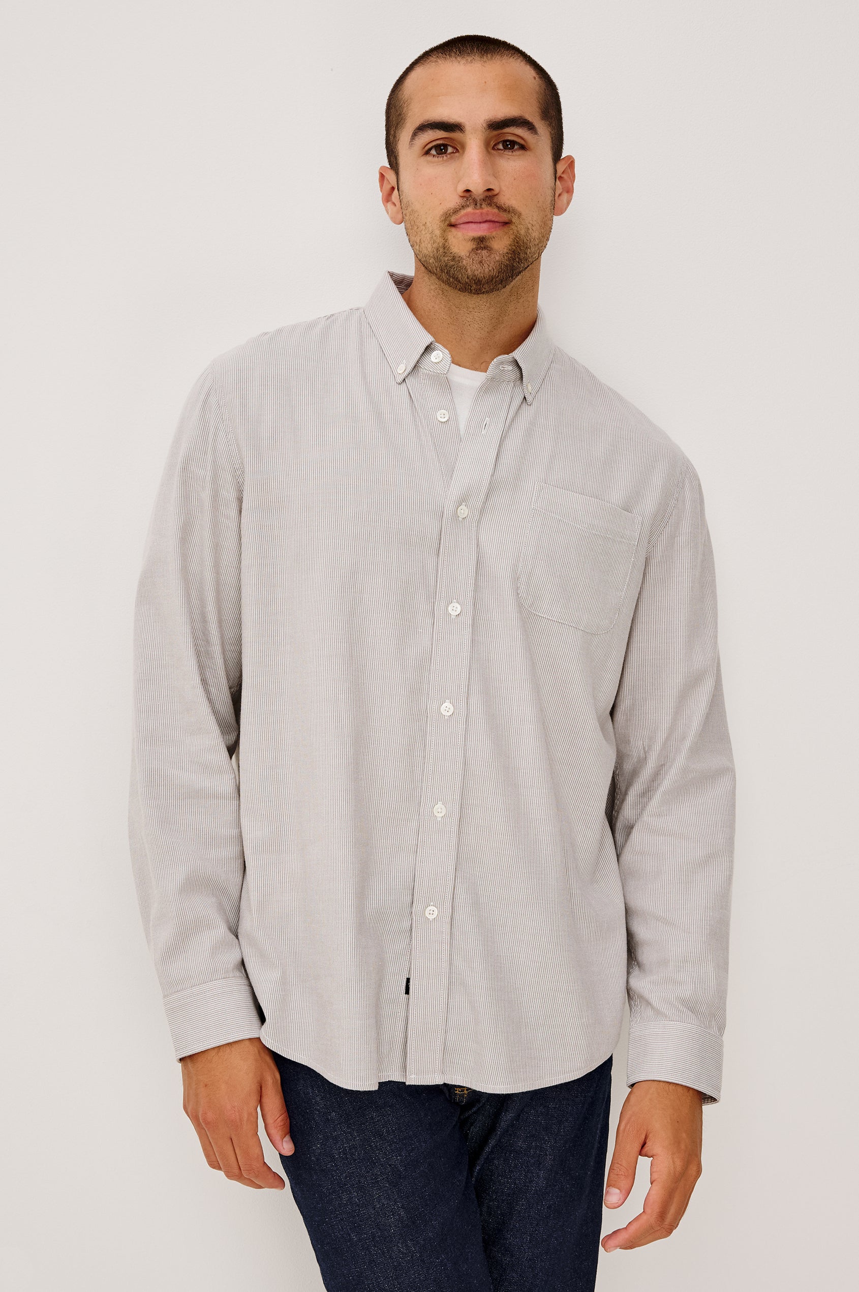 Vance Button-Down Shirt in Cotton Twill Blend With Collar, Long Sleeves, and Single Chest Patch Pocket in Pebble Rope Stripe Colorway - Upper Body Front View Featured on Model