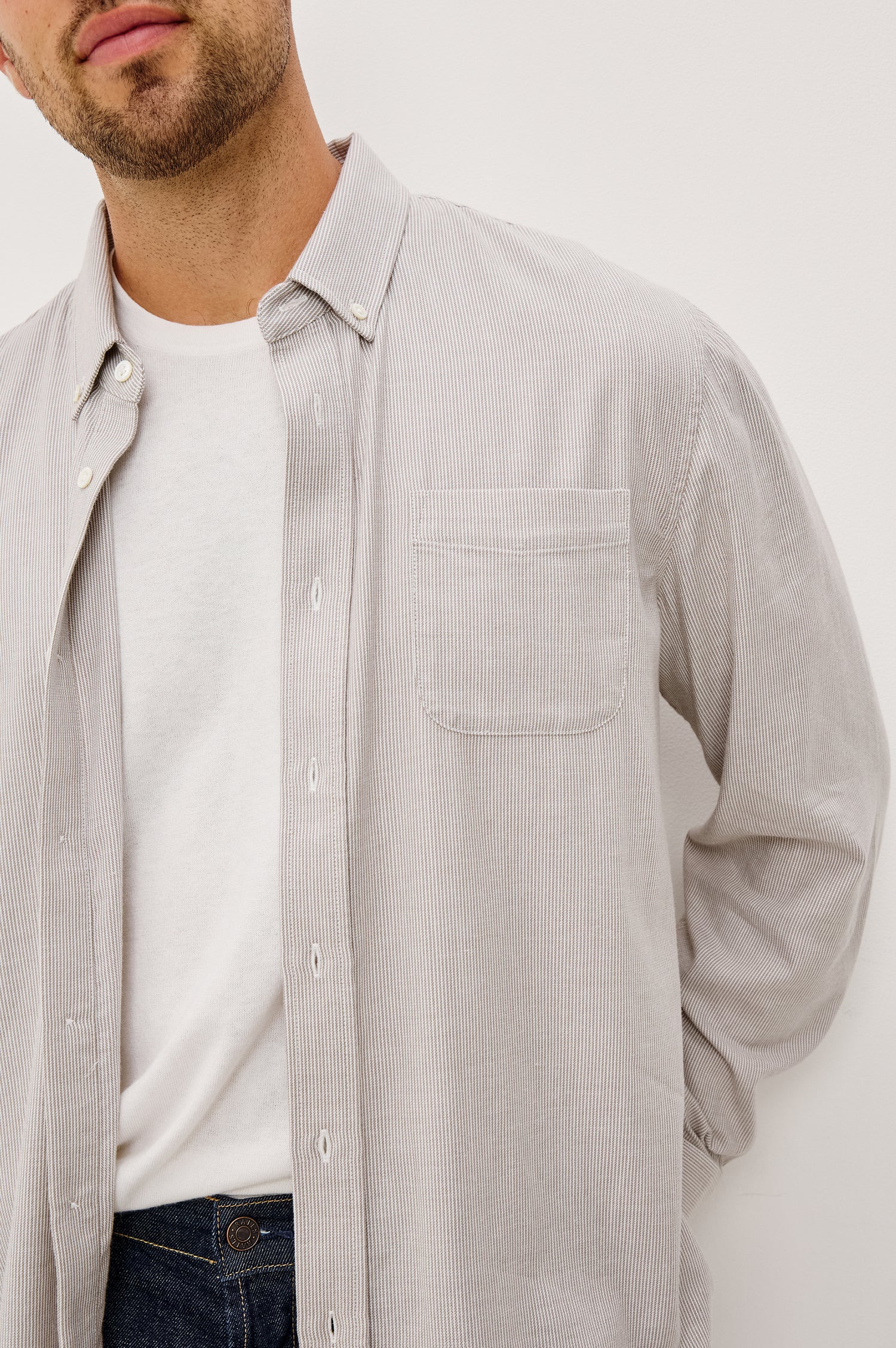 Vance Button-Down Shirt in Cotton Twill Blend With Collar, Long Sleeves, and Single Chest Patch Pocket in Pebble Rope Stripe Colorway - Upper Body Front View Featured on Model