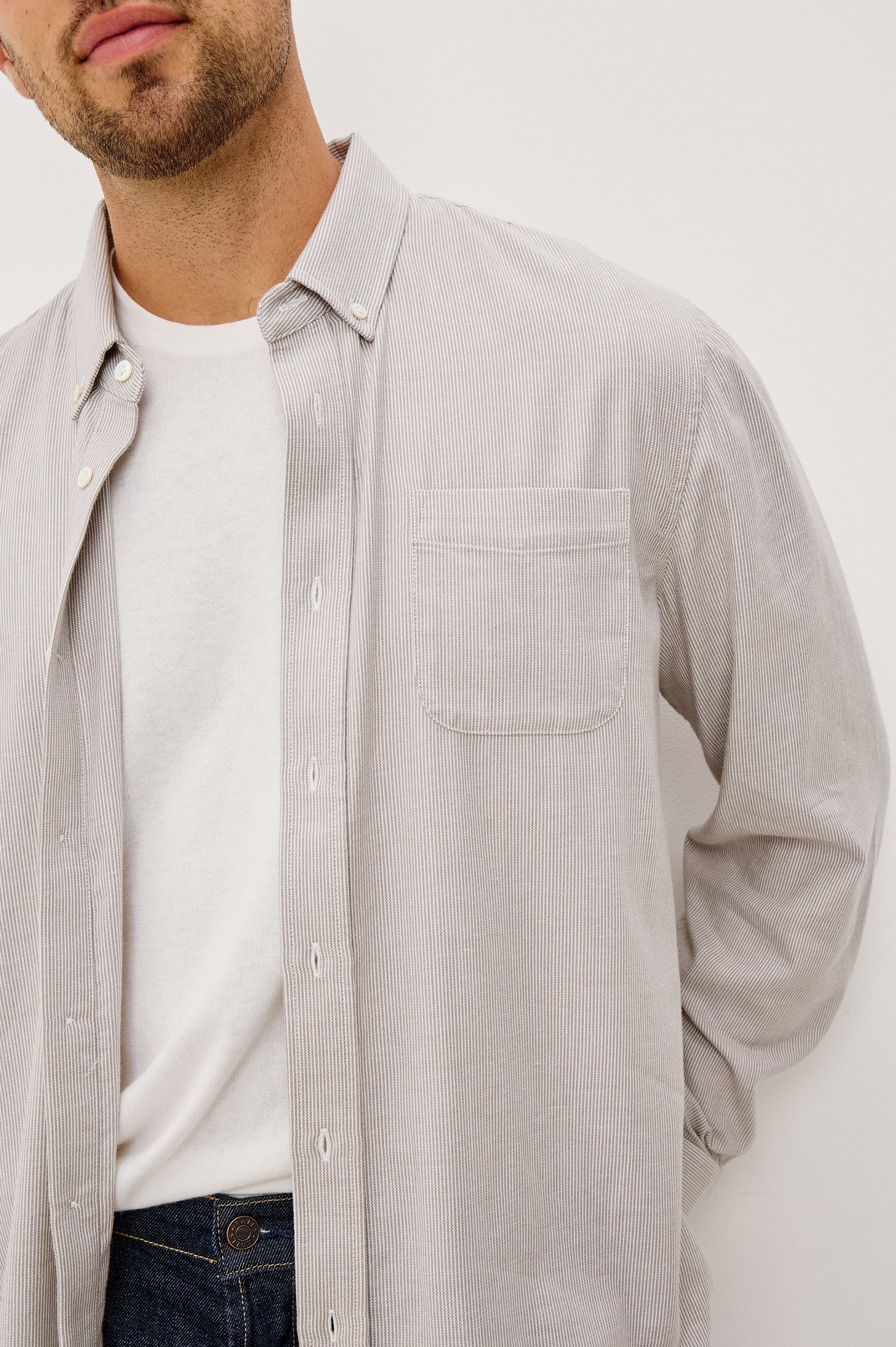 Vance Button-Down Shirt in Cotton Twill Blend With Collar, Long Sleeves, and Single Chest Patch Pocket in Pebble Rope Stripe Colorway - Upper Body Front View Featured on Model