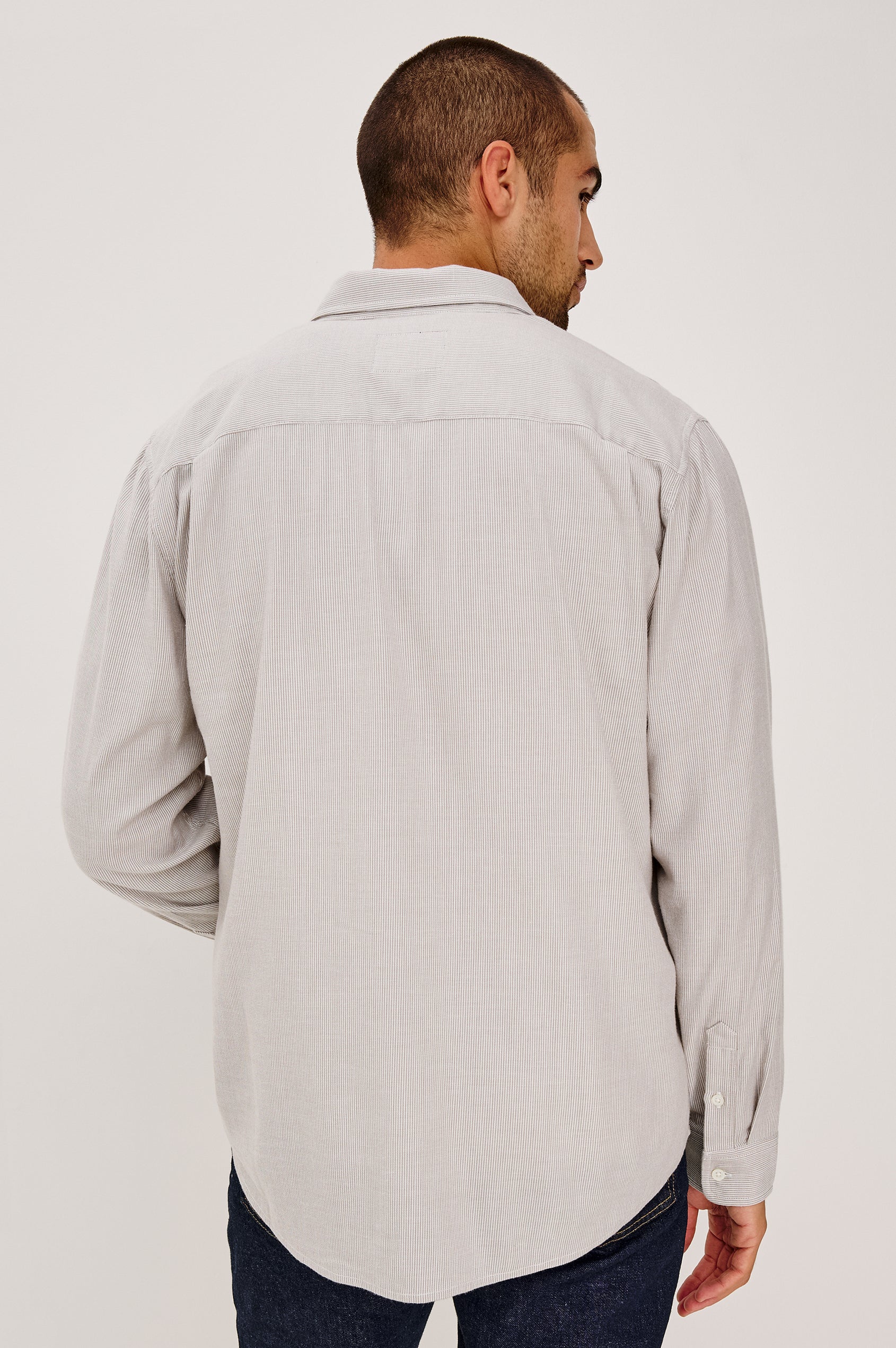 Vance Button-Down Shirt in Cotton Twill Blend With Collar, Long Sleeves, and Single Chest Patch Pocket in Pebble Rope Stripe Colorway - Upper Body Back View Featured on Model